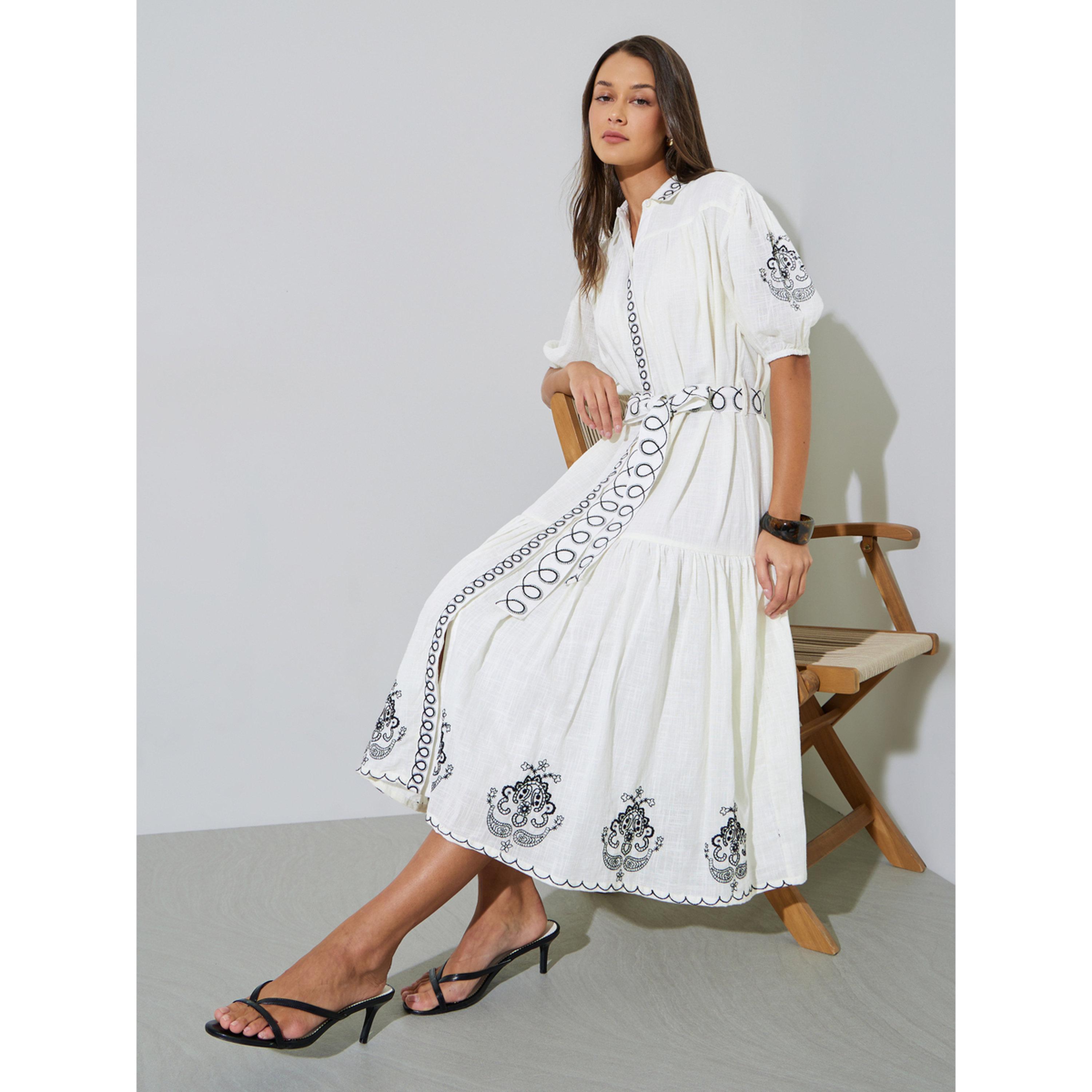 Styli Off White Embroidered Short Puffed Sleeves Shirt Midi Dress-women-clothing-dresses-image-4