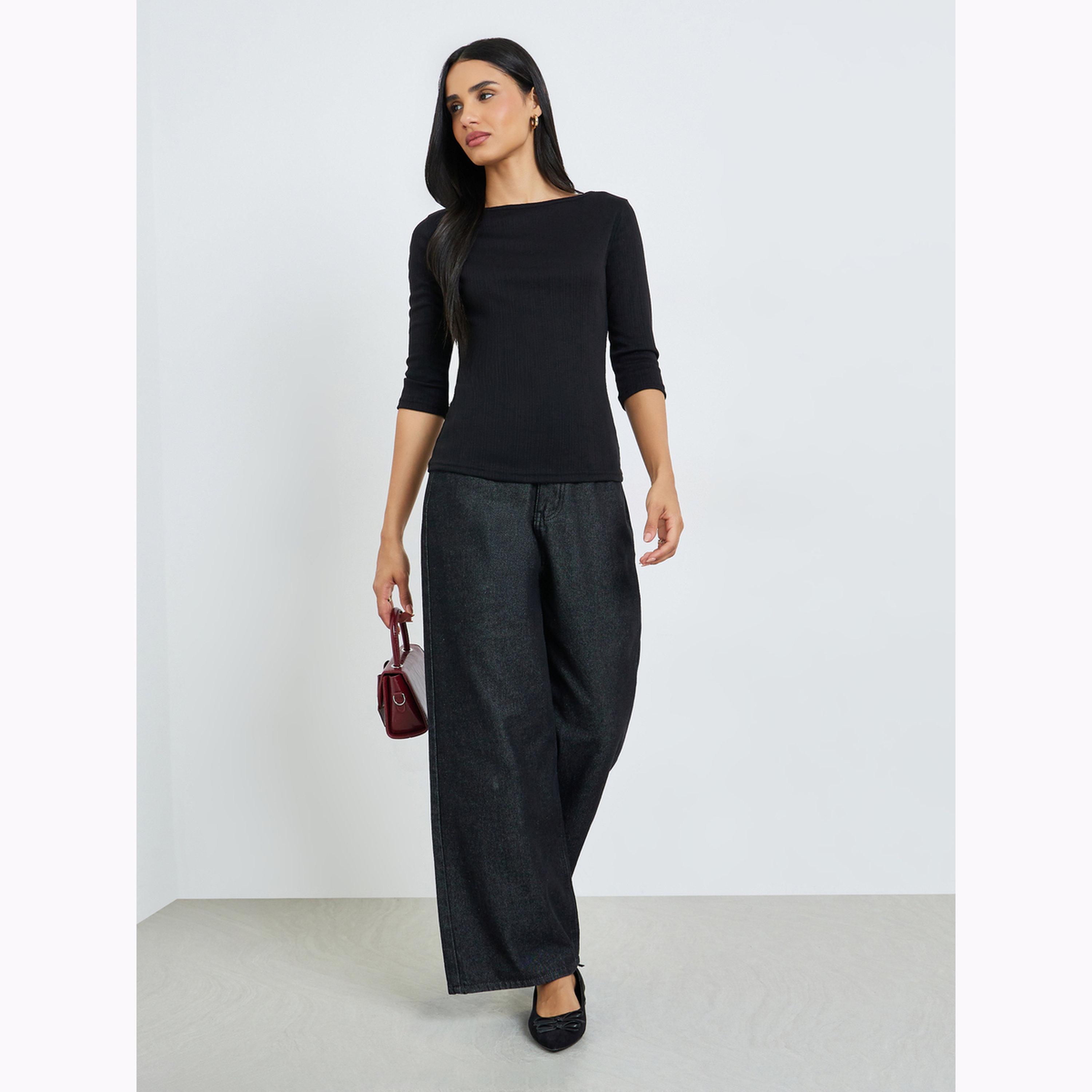 Styli Black Boat Neck Textured Knit Top-women-clothing-shirtsandblouses-blouses-image-2