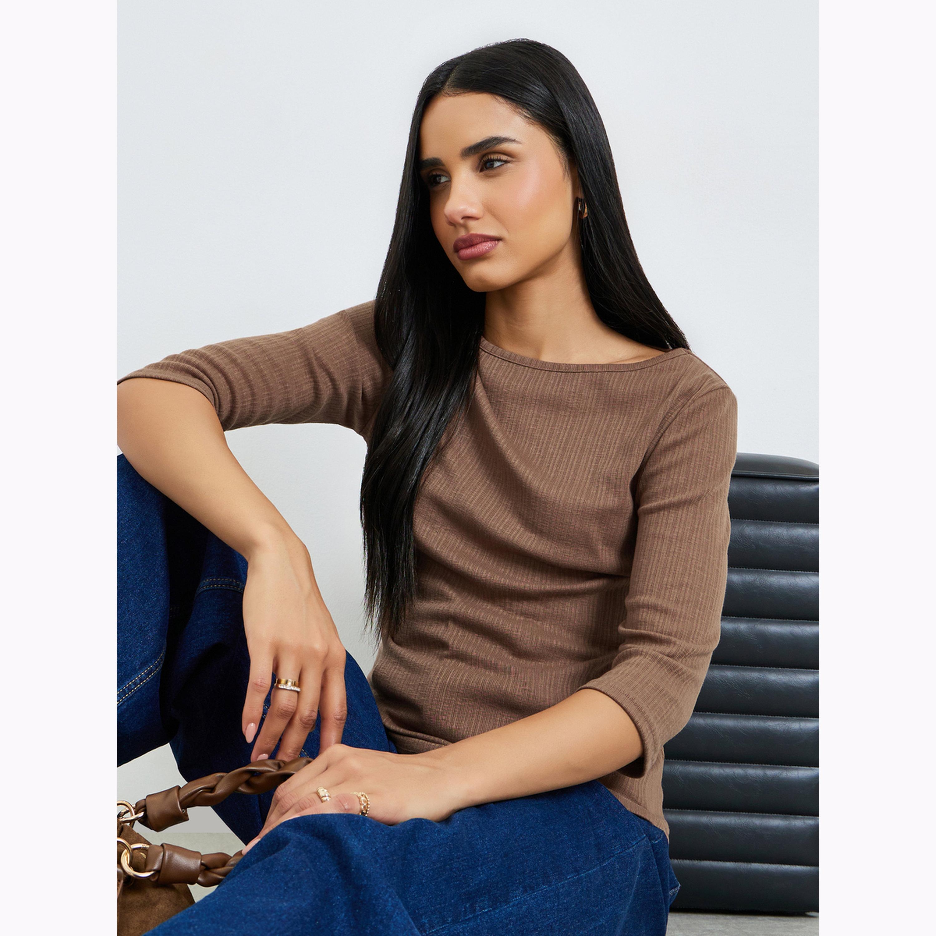 Styli Brown Boat Neck Textured Knit Top-women-clothing-shirtsandblouses-blouses-image-3