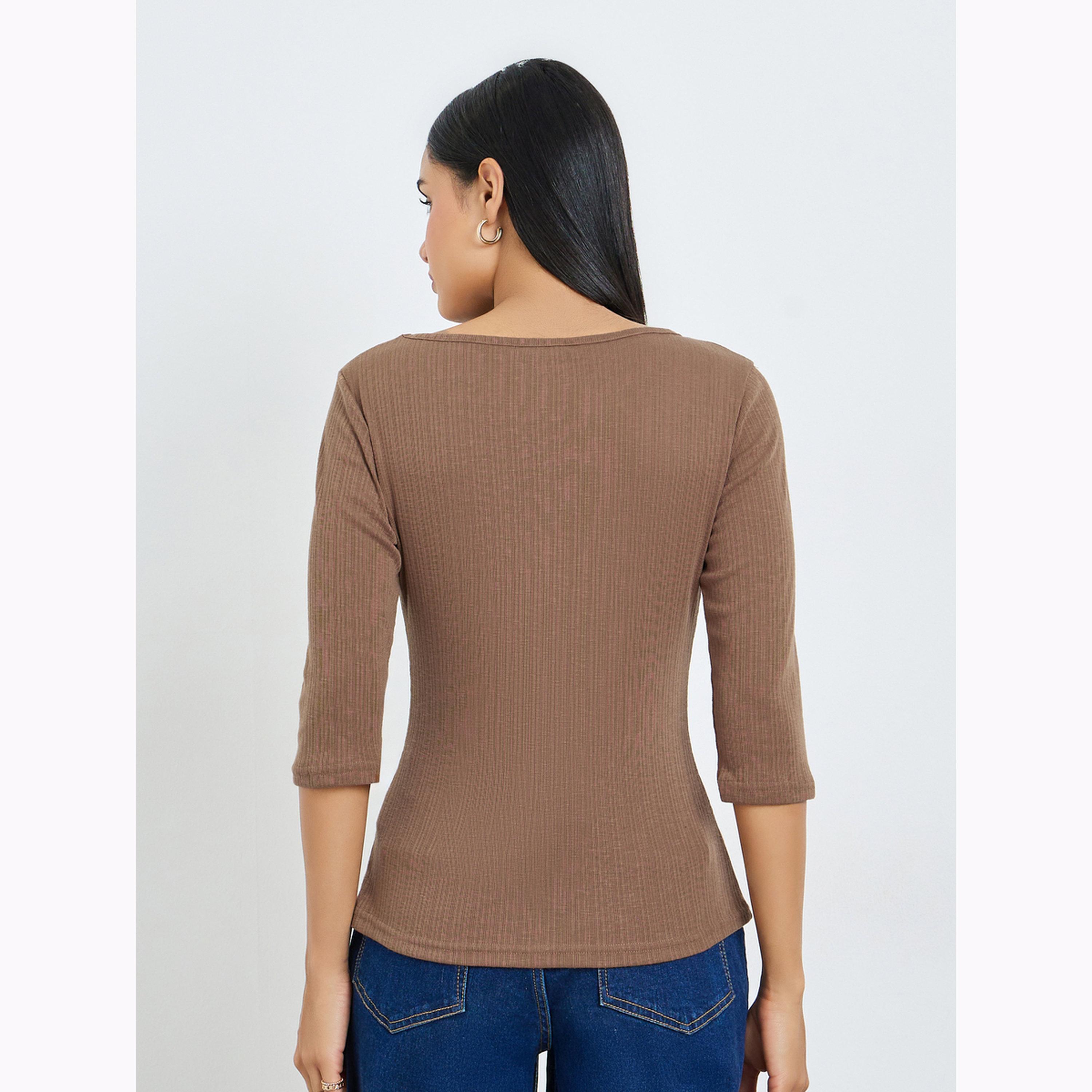 Styli Brown Boat Neck Textured Knit Top-women-clothing-shirtsandblouses-blouses-image-4