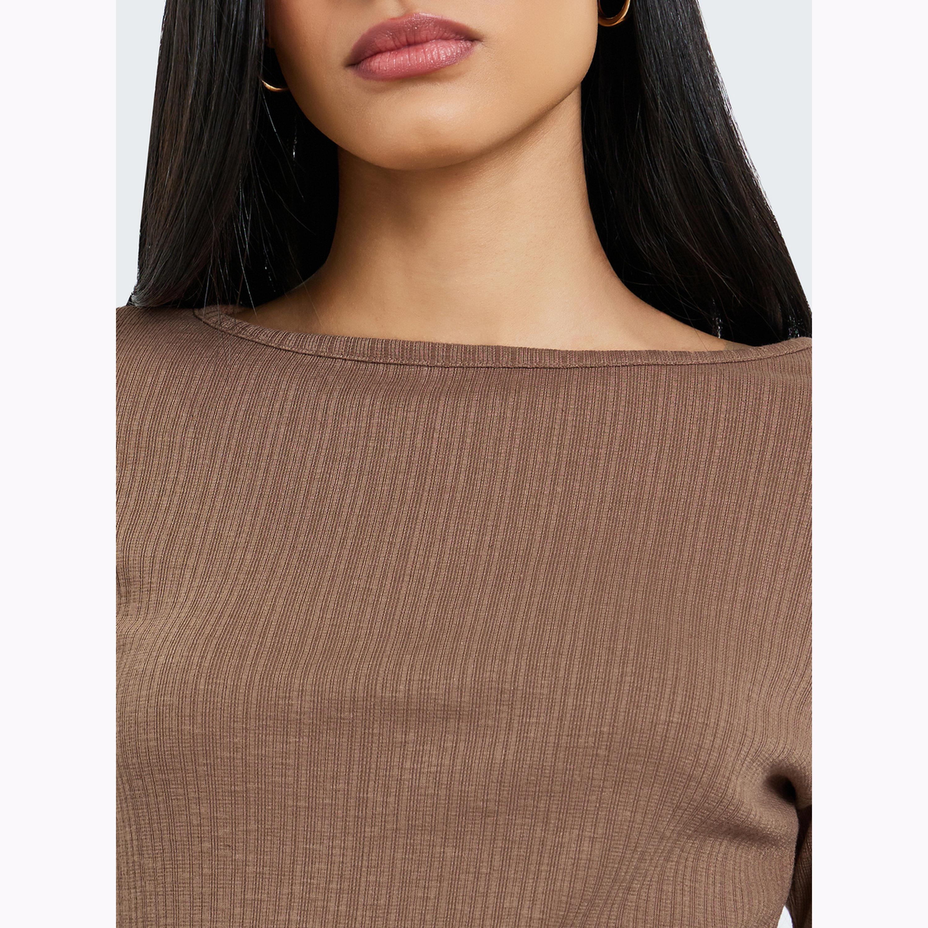 Styli Brown Boat Neck Textured Knit Top-women-clothing-shirtsandblouses-blouses-image-5