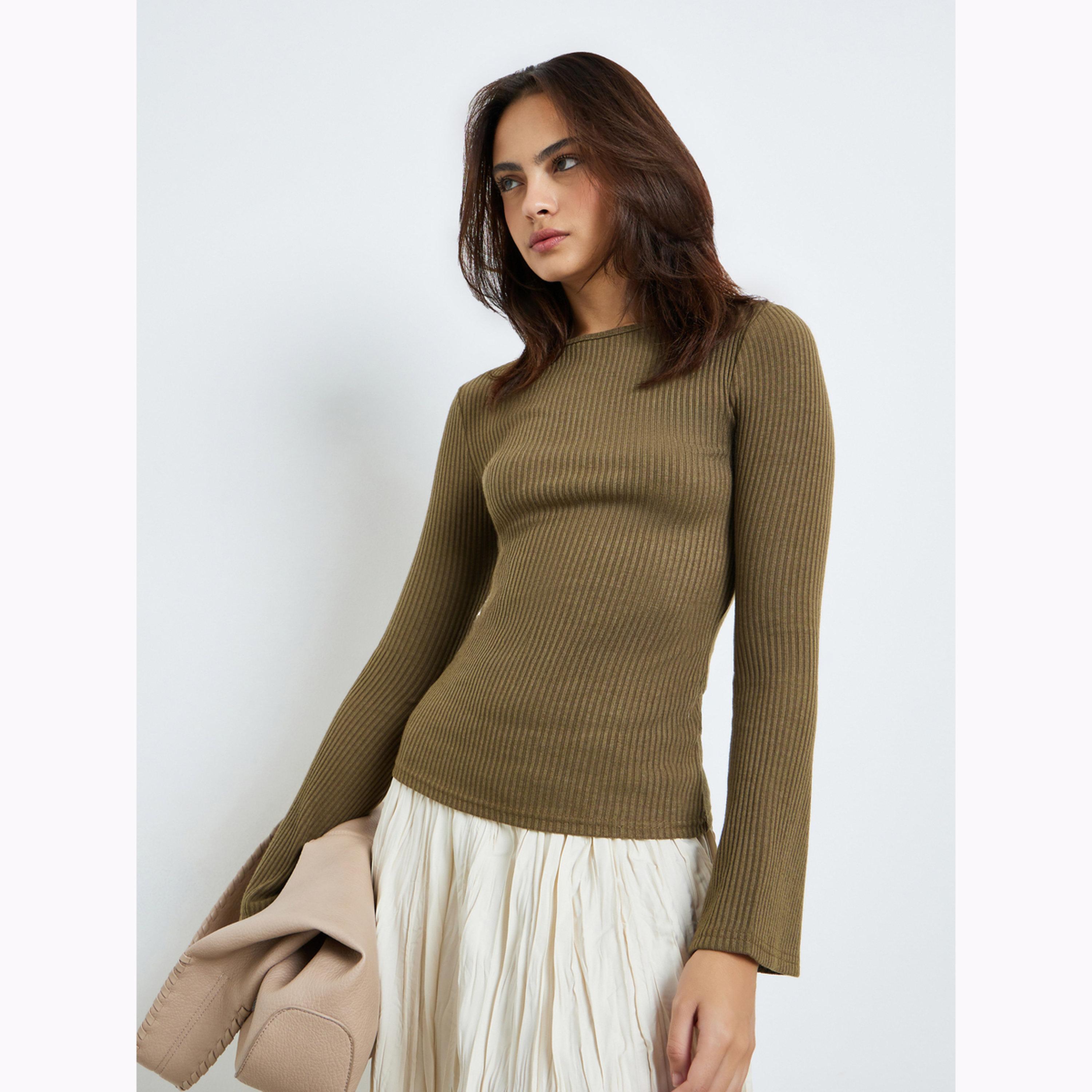 Styli Olive Flared Sleeve Textured Knit Top-women-clothing-shirtsandblouses-blouses-image-1