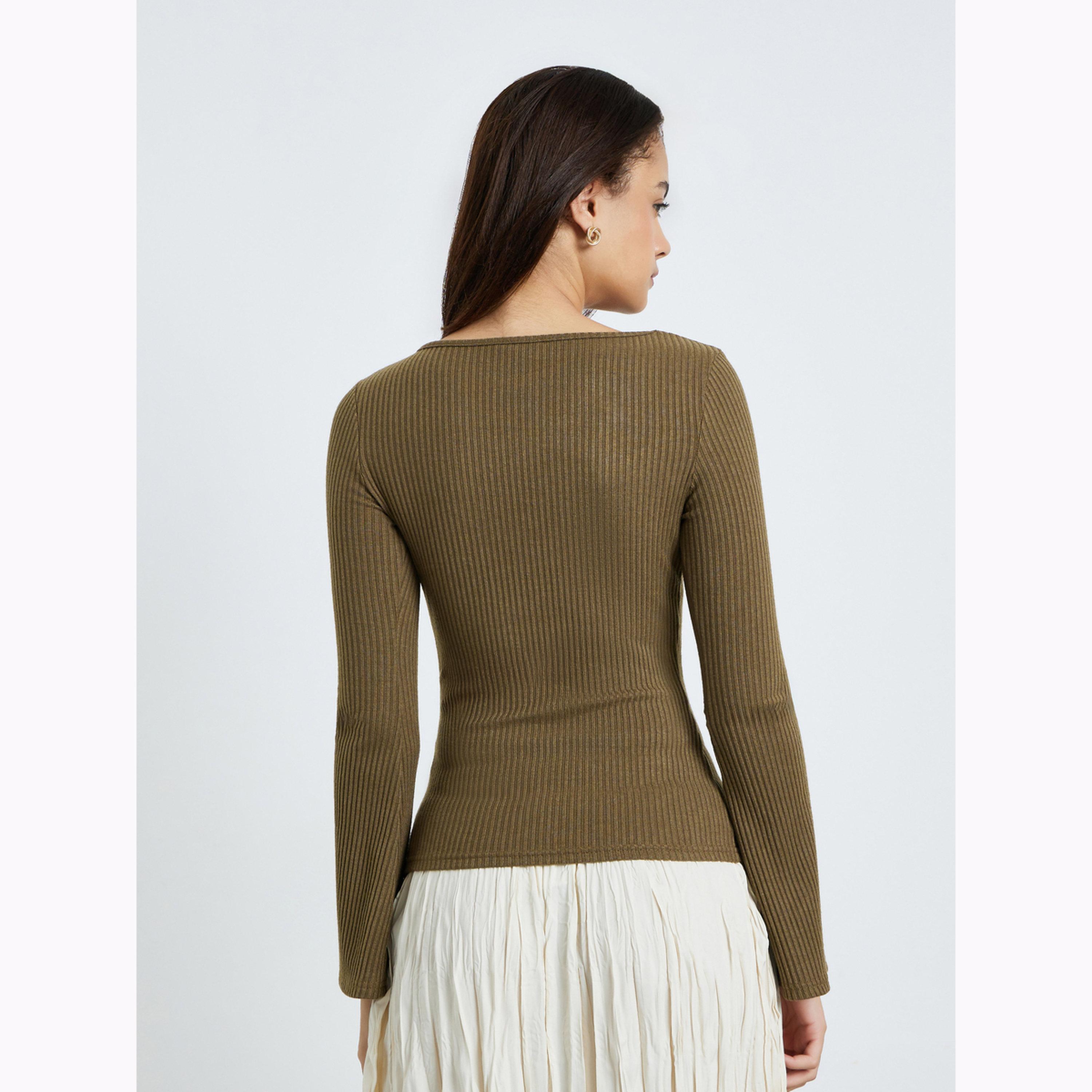 Styli Olive Flared Sleeve Textured Knit Top-women-clothing-shirtsandblouses-blouses-image-4