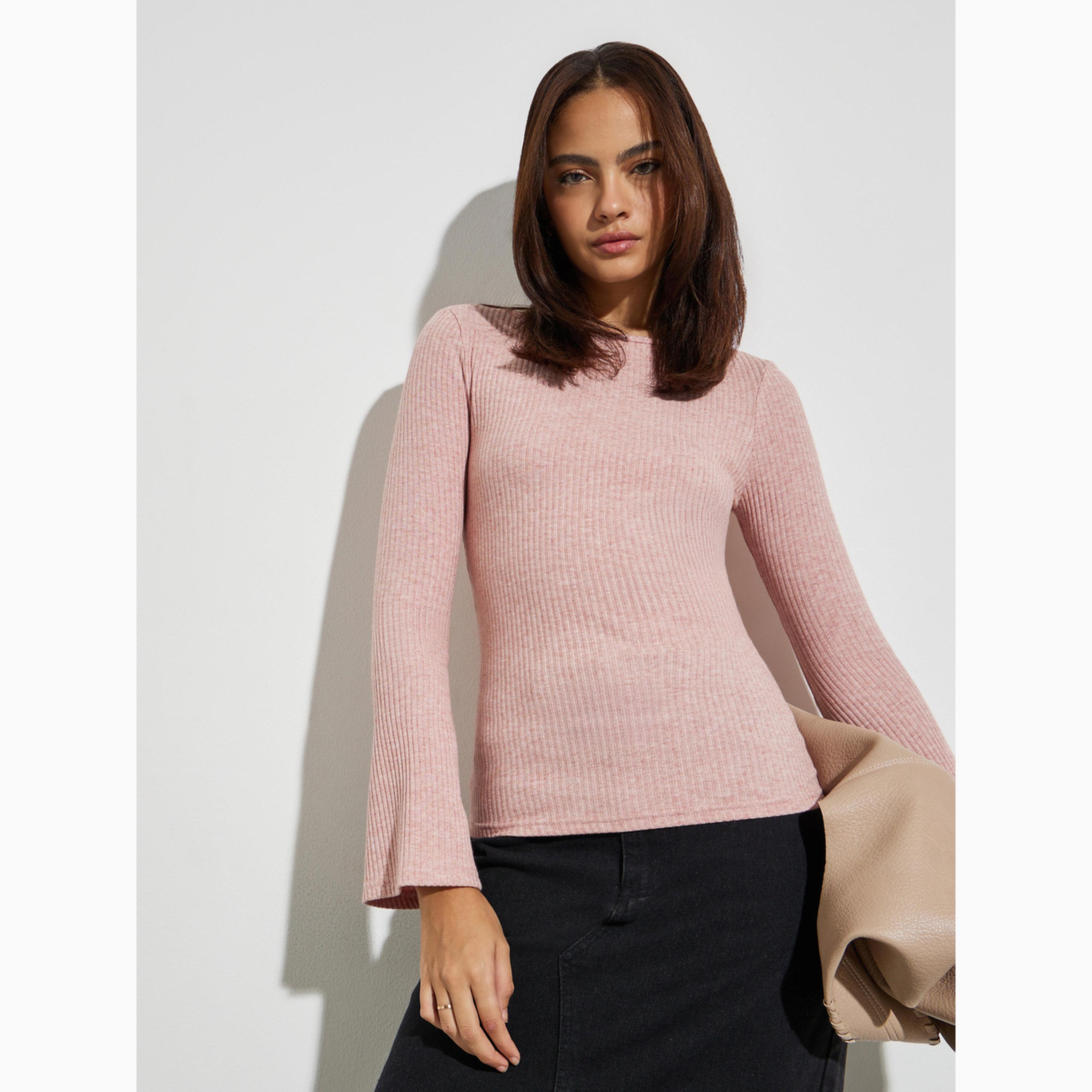 Styli Pink Flared Sleeve Textured Knit Top-women-clothing-shirtsandblouses-blouses-image-3
