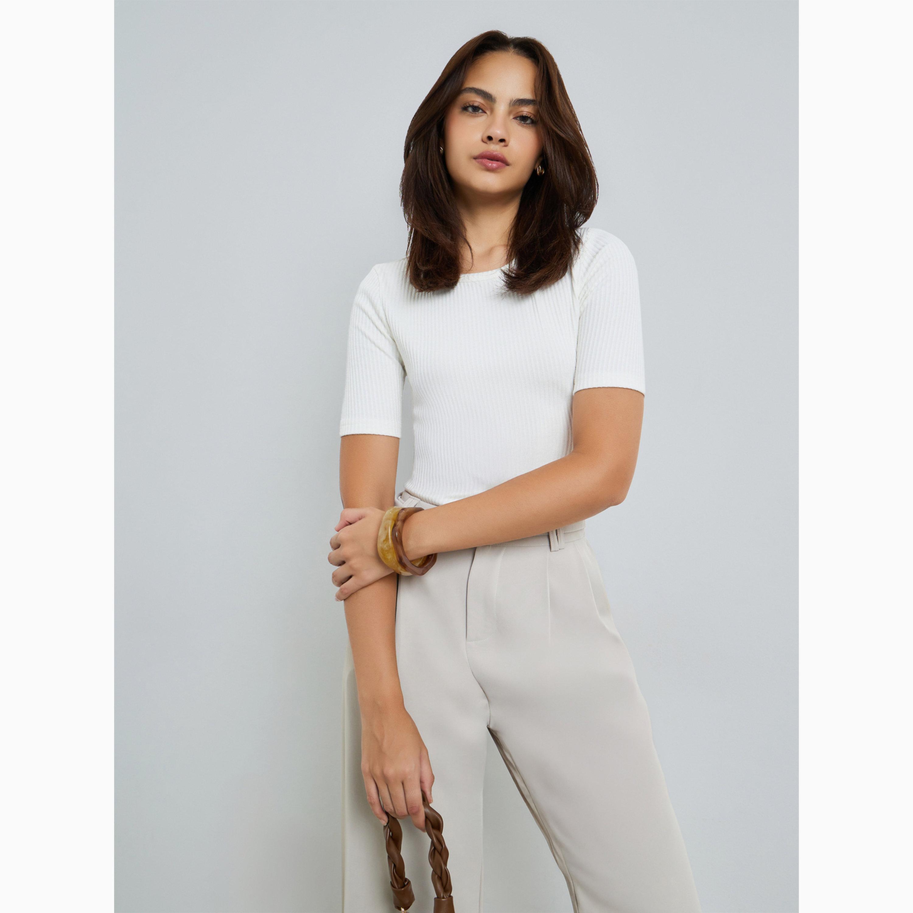 Styli Off White Ribbed Knit Top-women-clothing-tshirts-image-3