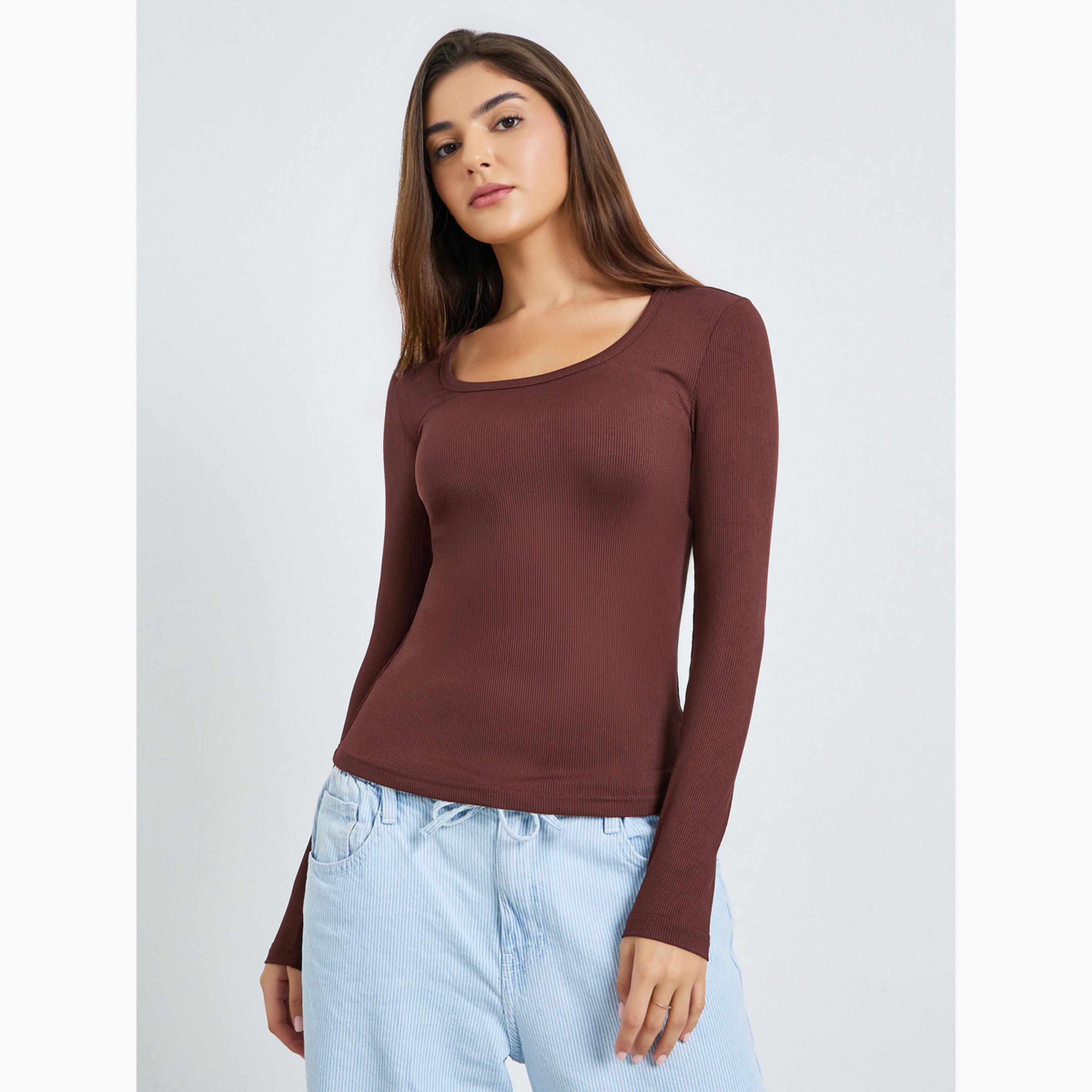 Styli Brown Ribbed Long Sleeve Knit Top-women-clothing-tshirts-image-1