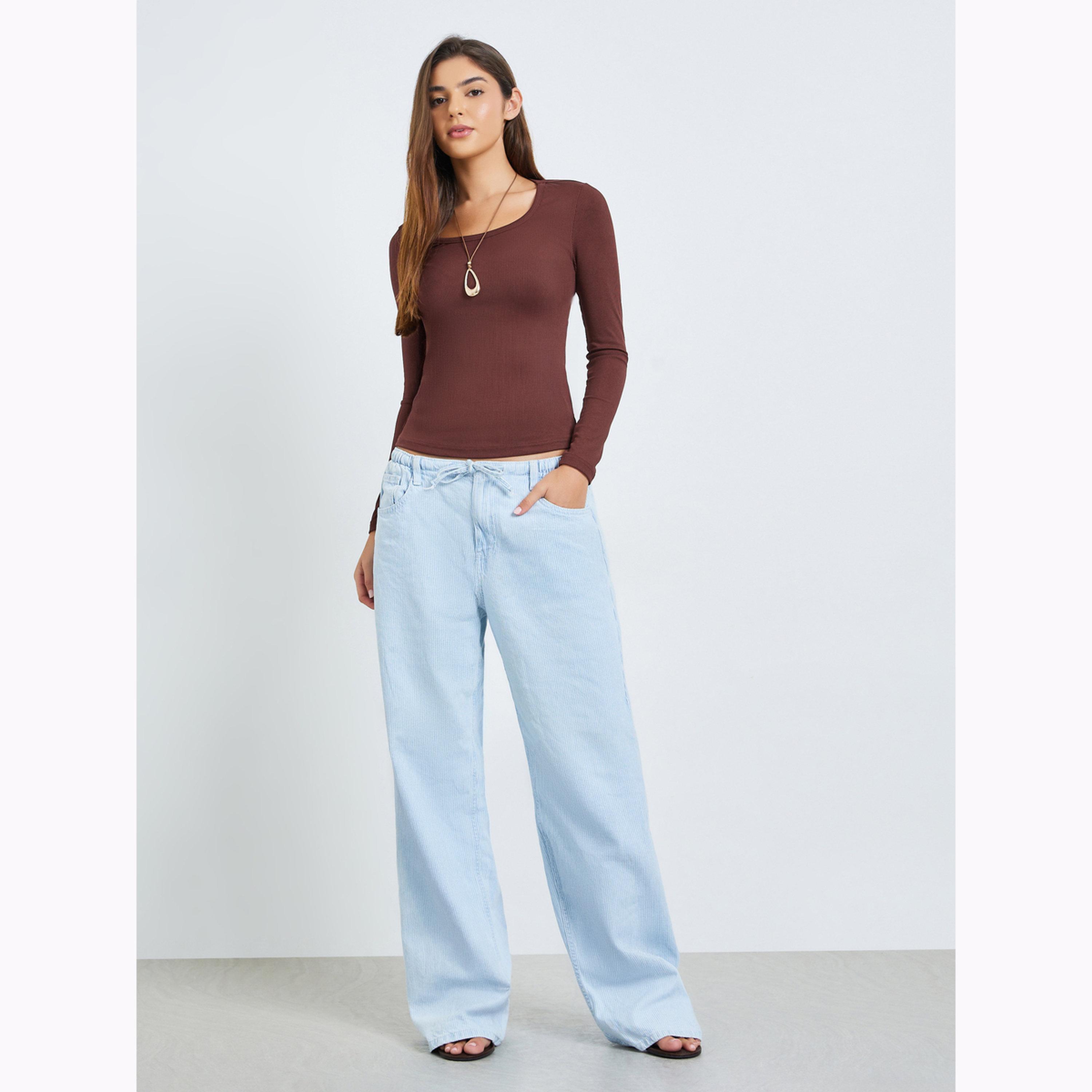 Styli Brown Ribbed Long Sleeve Knit Top-women-clothing-tshirts-image-2