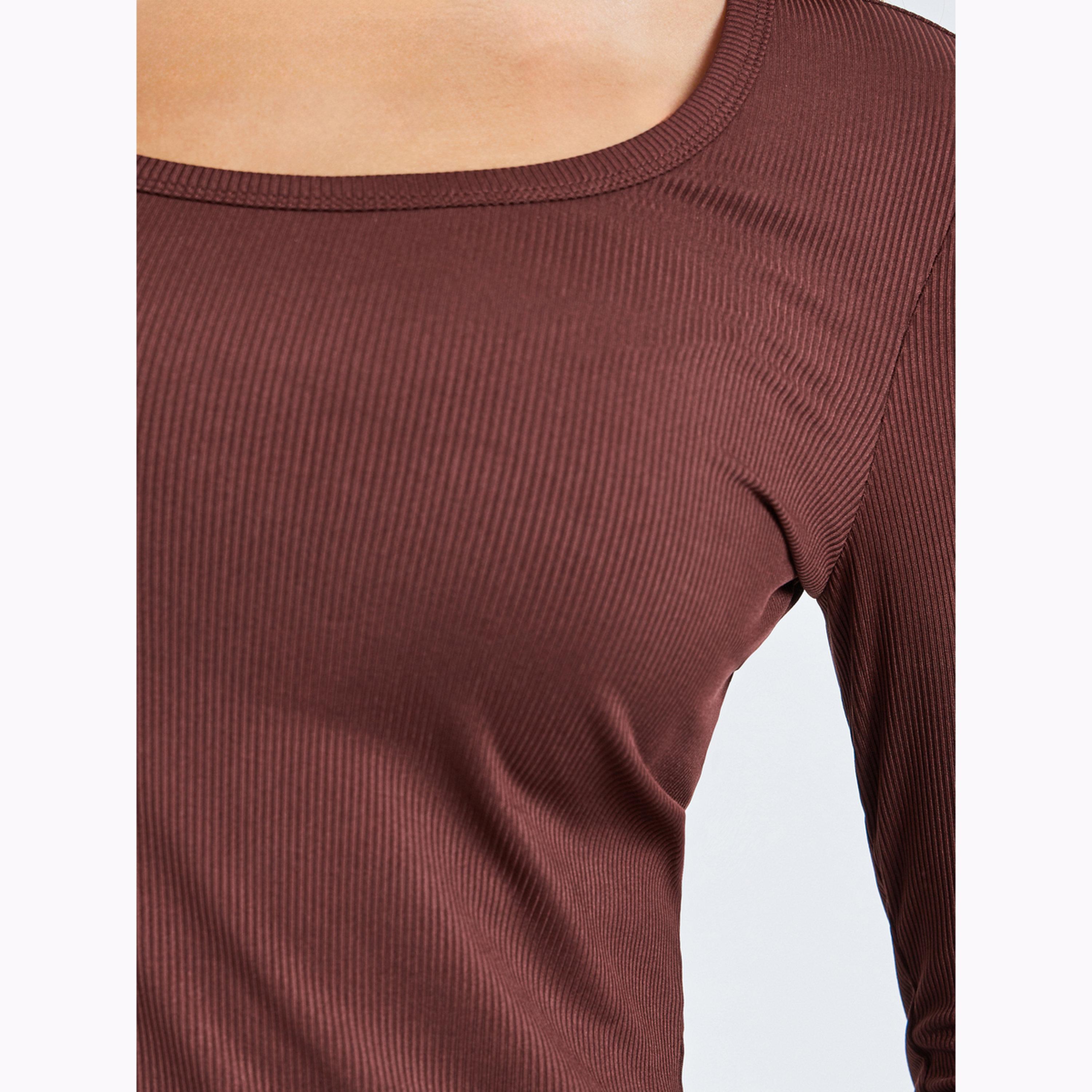 Styli Brown Ribbed Long Sleeve Knit Top-women-clothing-tshirts-image-5