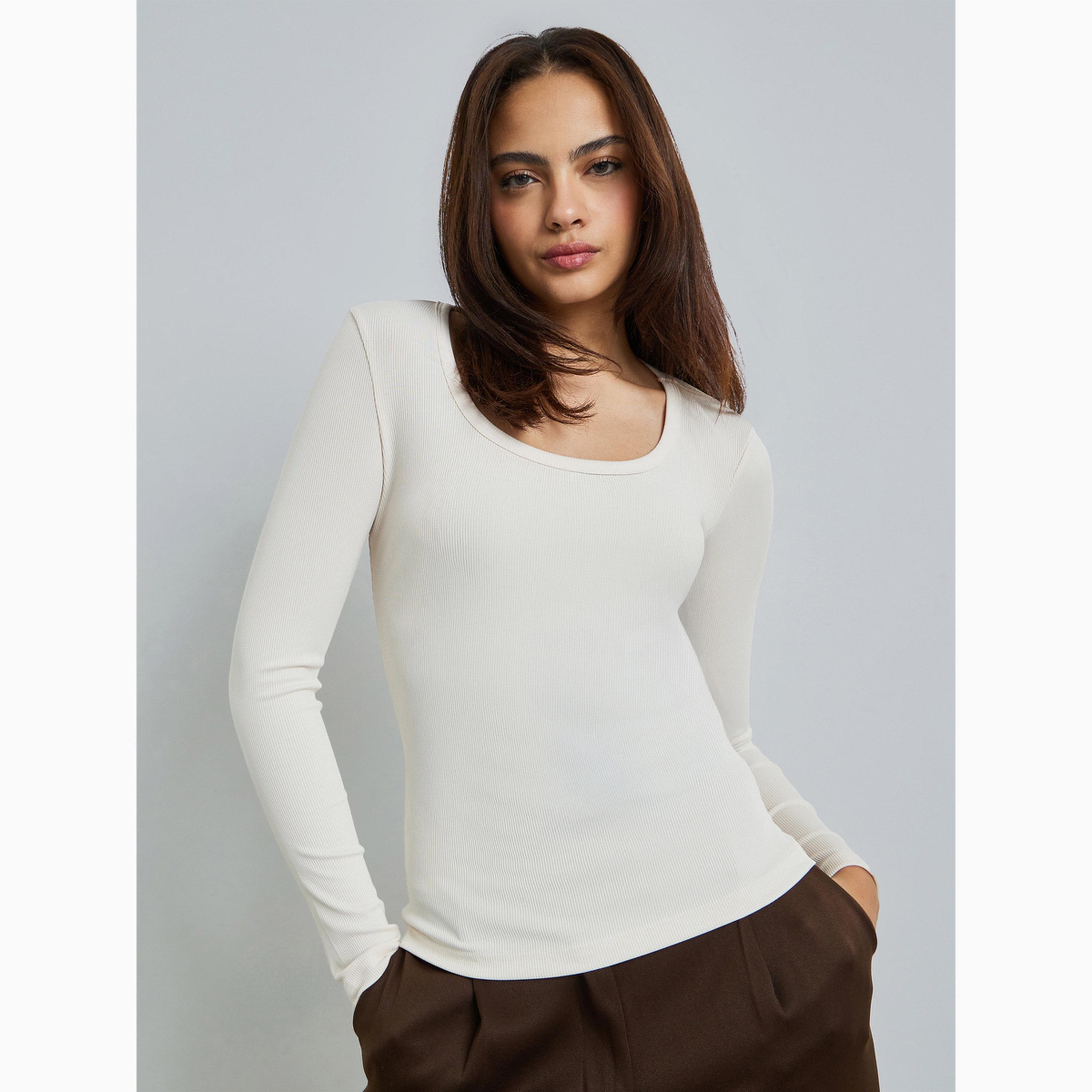 Styli Off White Ribbed Long Sleeve Knit Top-women-clothing-tshirts-image-1