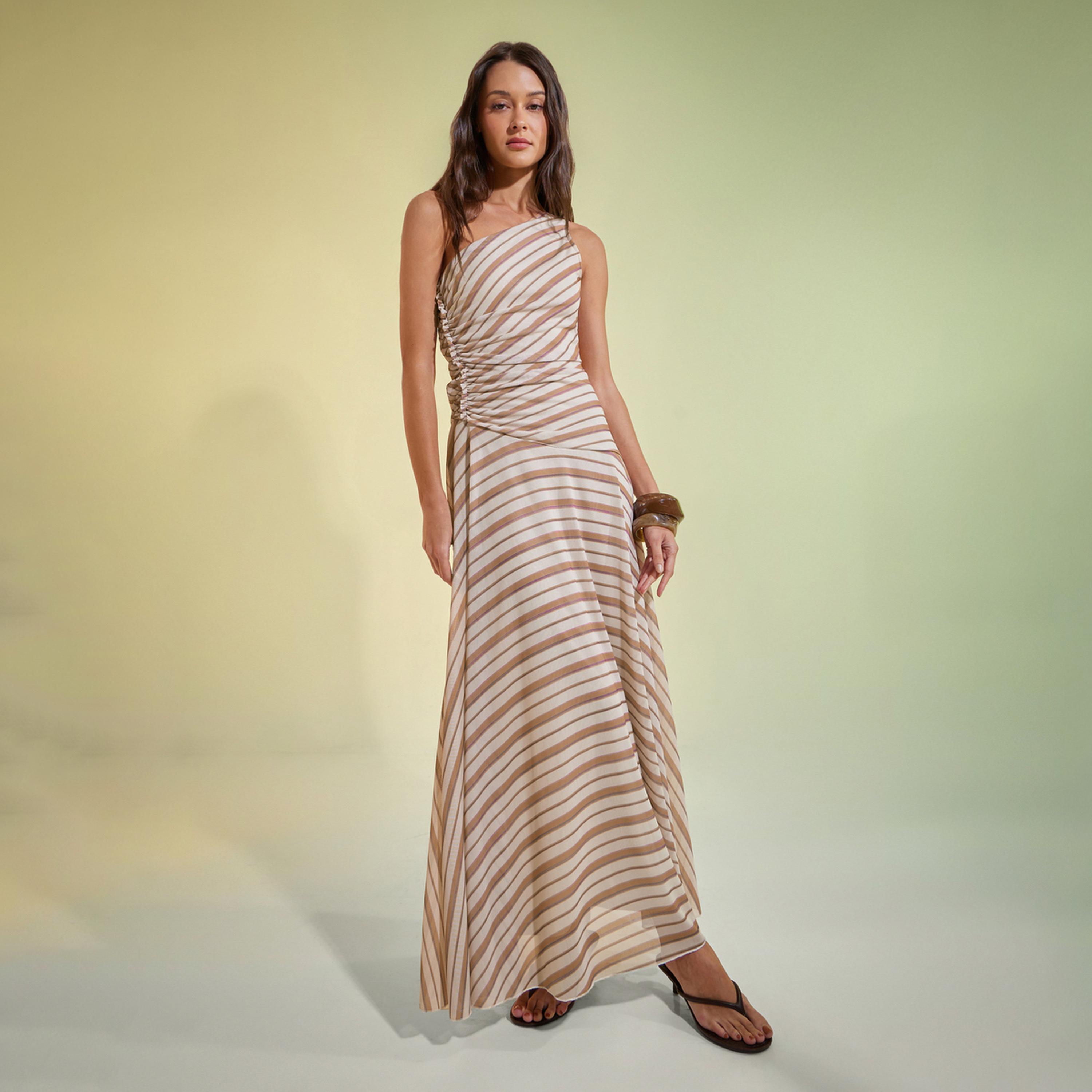 Styli Beige Striped One Shoulder Mesh Maxi Dress-women-clothing-dresses-image-1