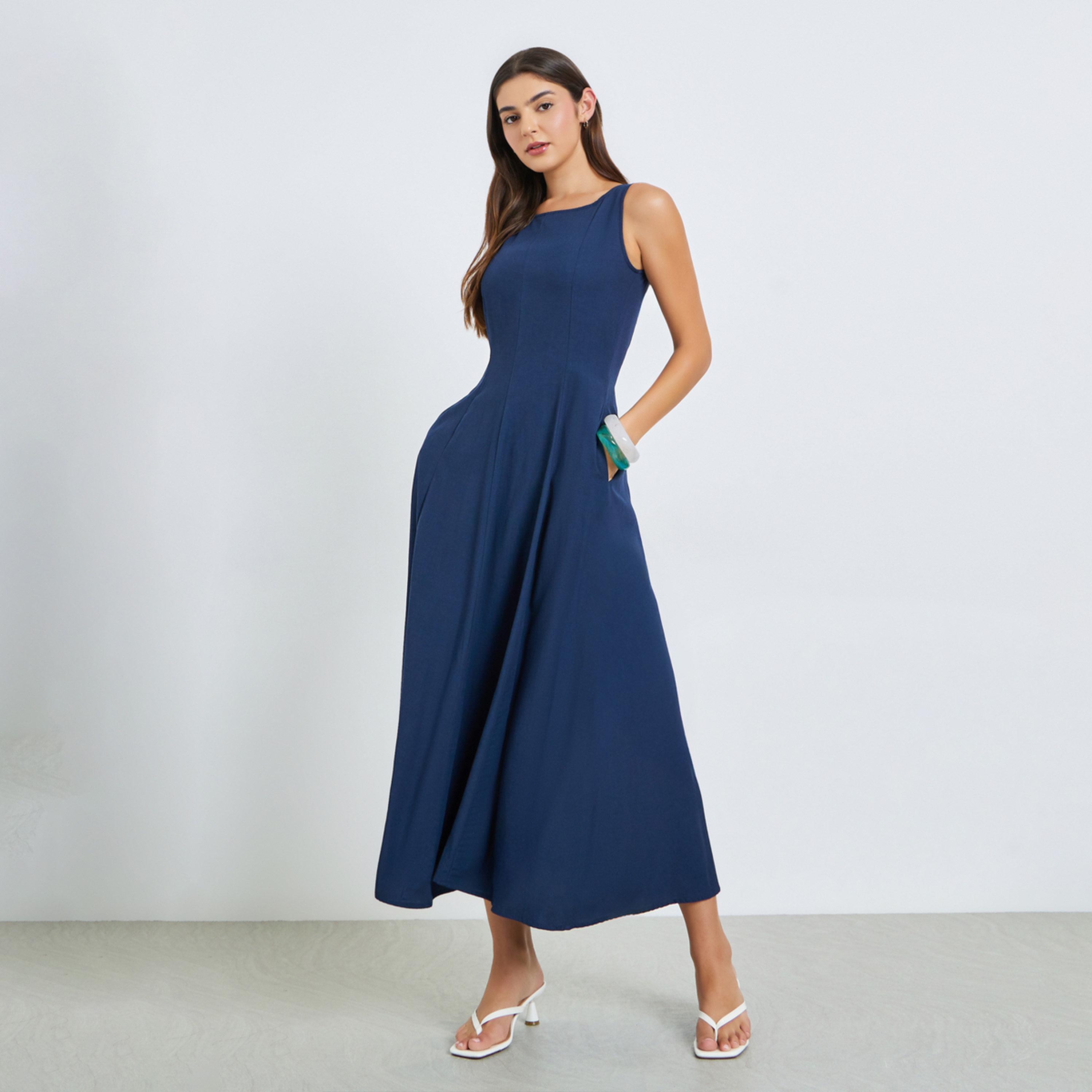 Styli Navy Blue Sleeveless A-Line Maxi Dress-women-clothing-dresses-image-1
