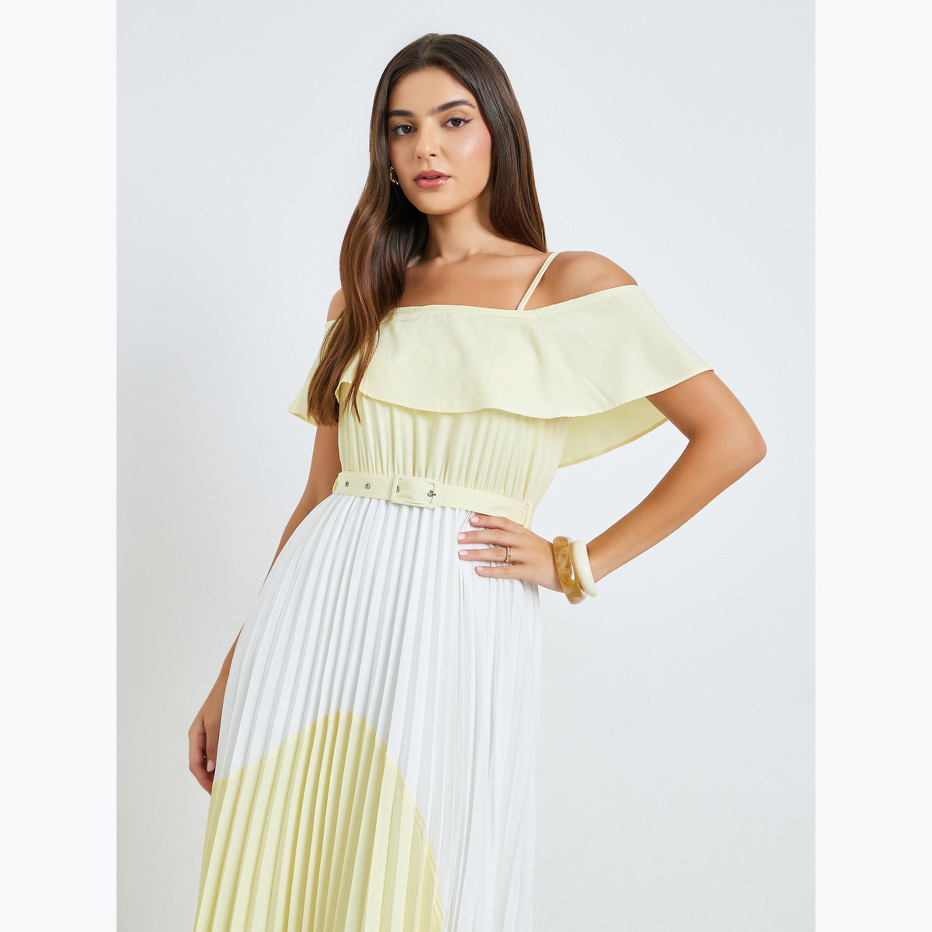فستان طويل بكسرات وحمالات بنمط كتل الالوان-women-clothing-dresses-image-2