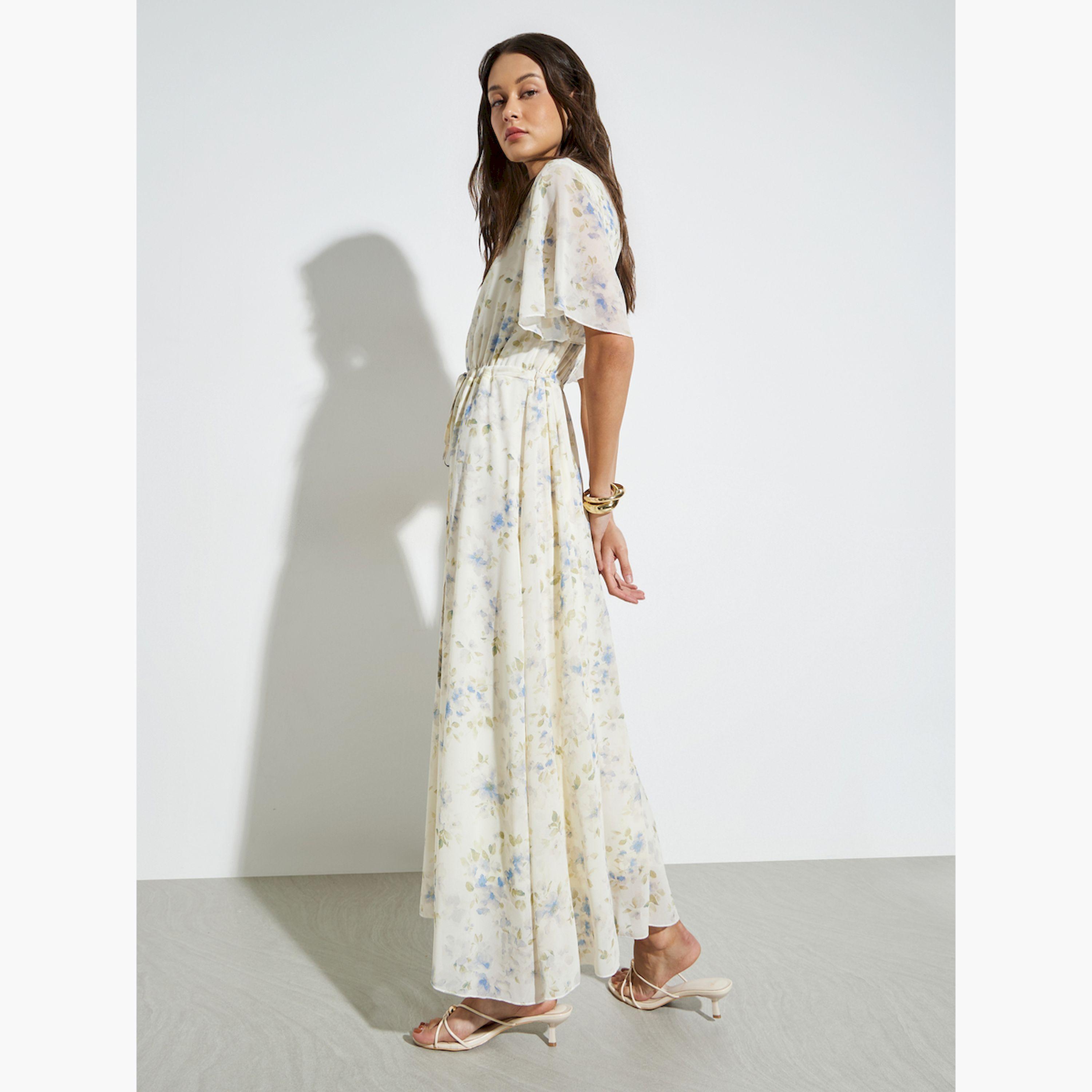 Styli Off White Floral Drawstring Waist Maxi Dress-women-clothing-dresses-image-3
