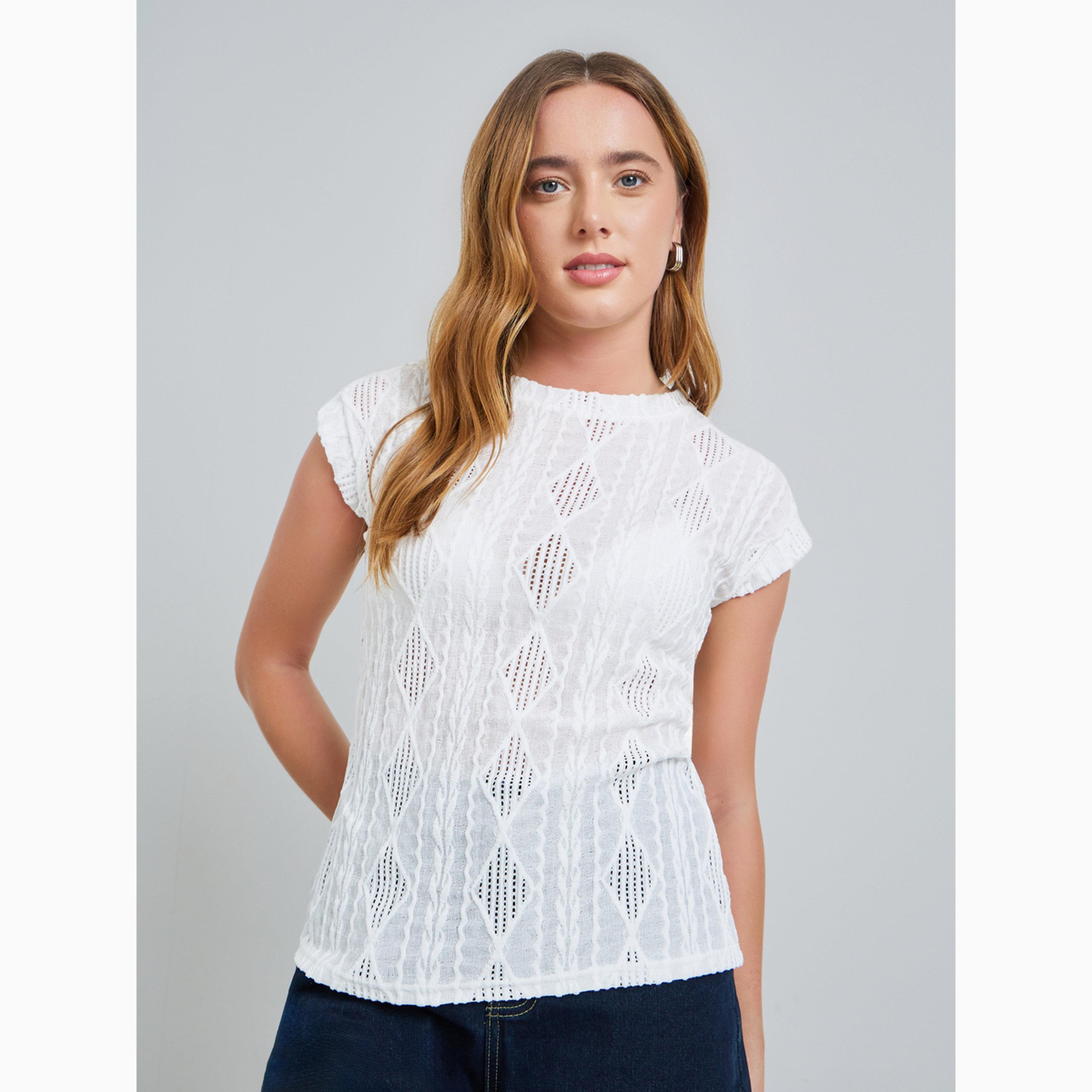Take Two White Textured Round Neck Short Sleeve Top-women-clothing-shirtsandblouses-blouses-image-1