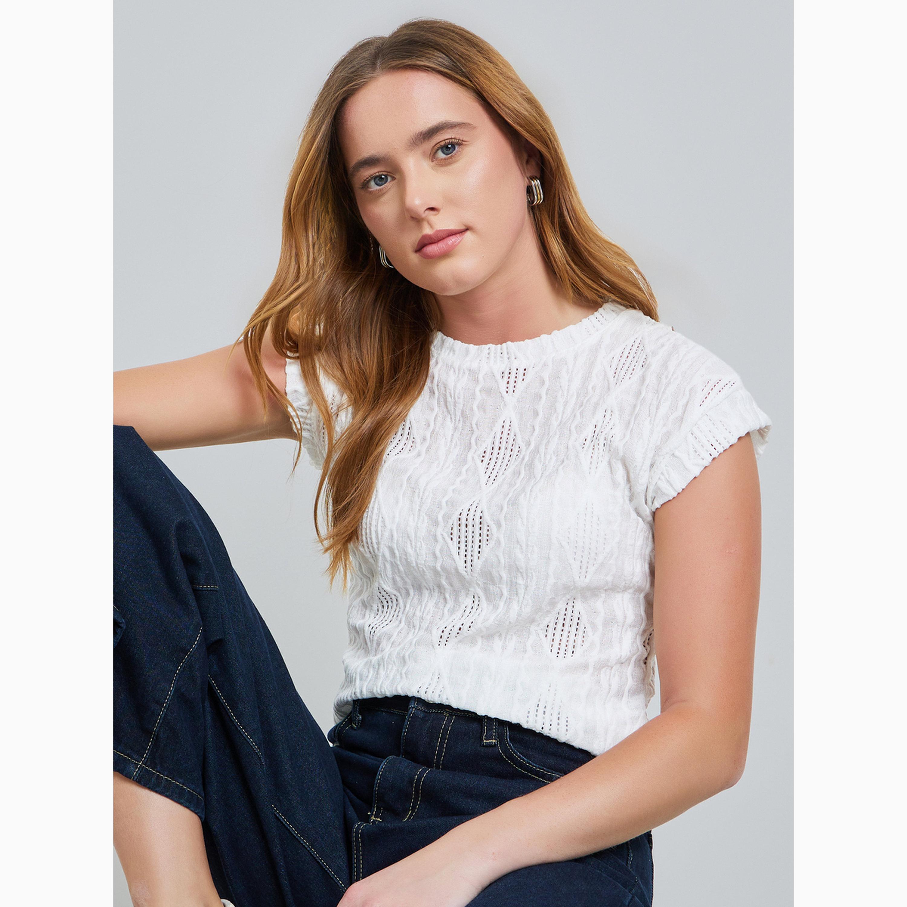 Take Two White Textured Round Neck Short Sleeve Top-women-clothing-shirtsandblouses-blouses-image-3