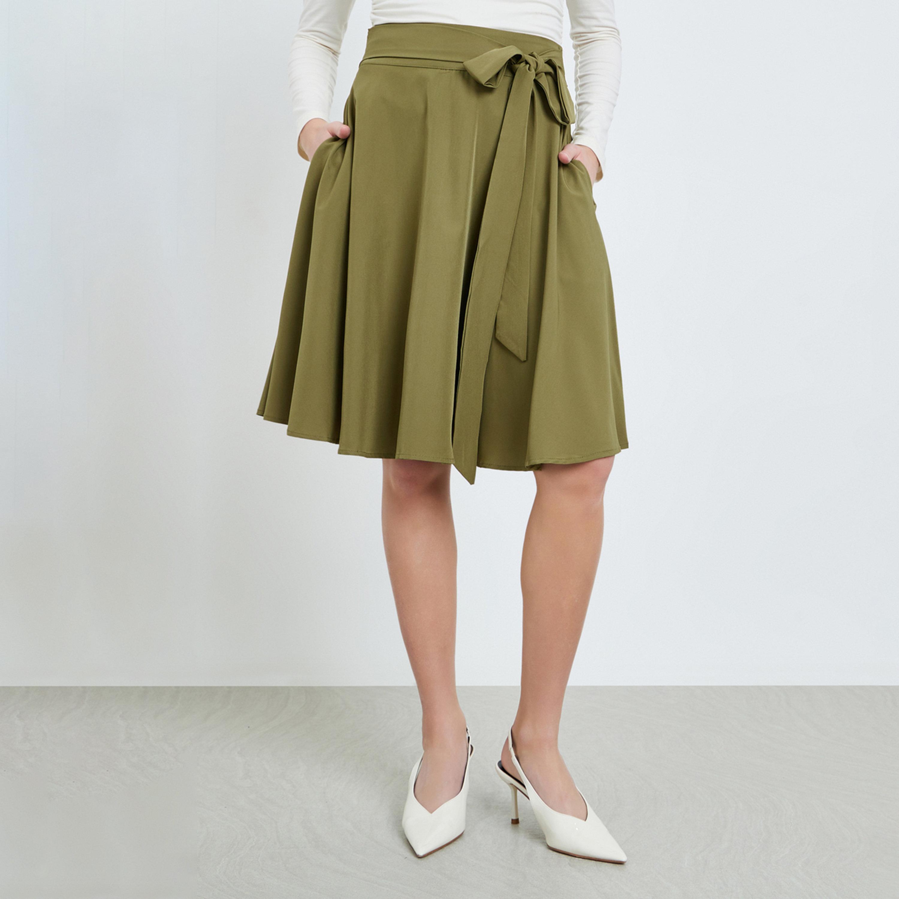 Take Two Khaki A-Line Knee-Length Skirt with Tie Detail-women-clothing-bottoms-skirts-image-1