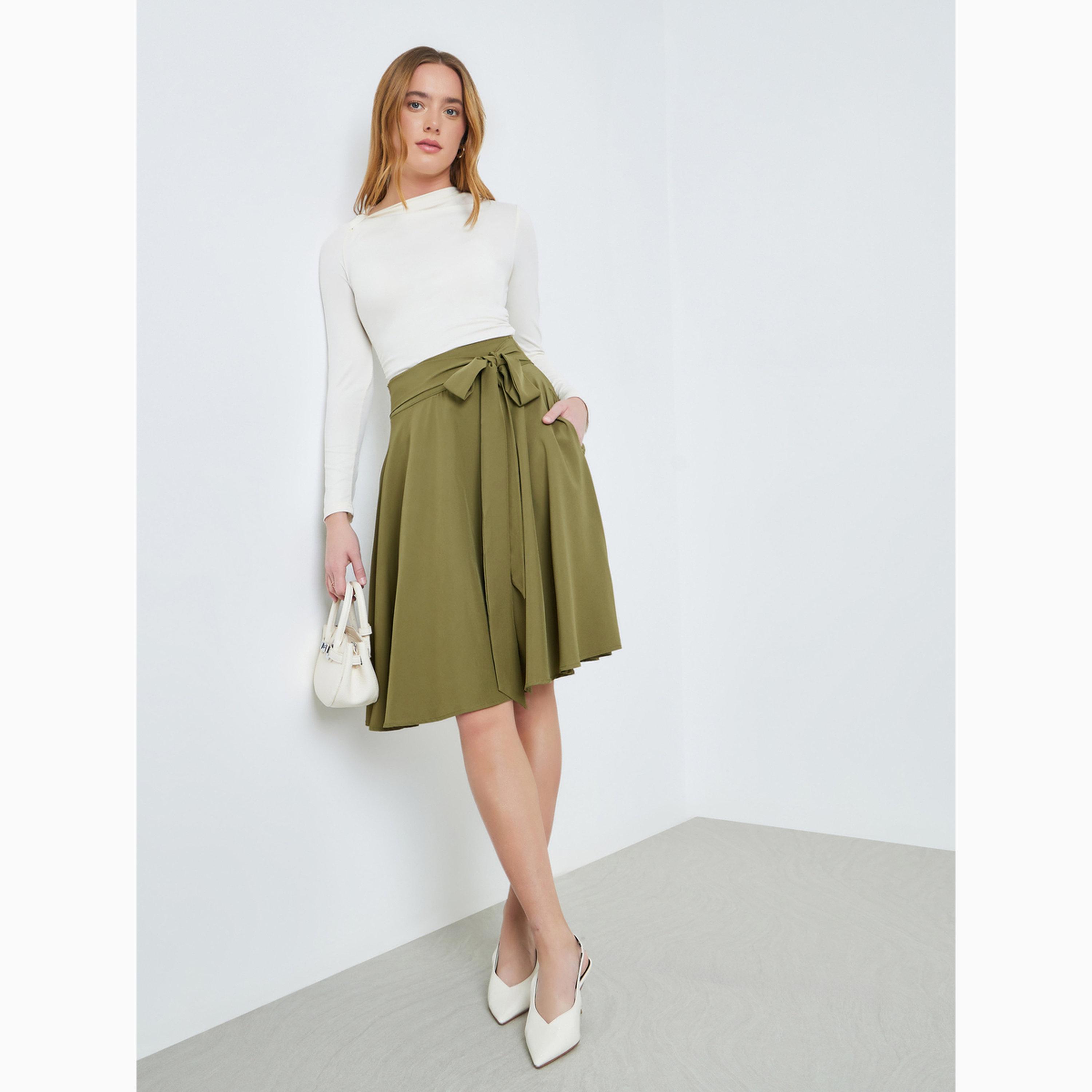 Take Two Khaki A-Line Knee-Length Skirt with Tie Detail-women-clothing-bottoms-skirts-image-2