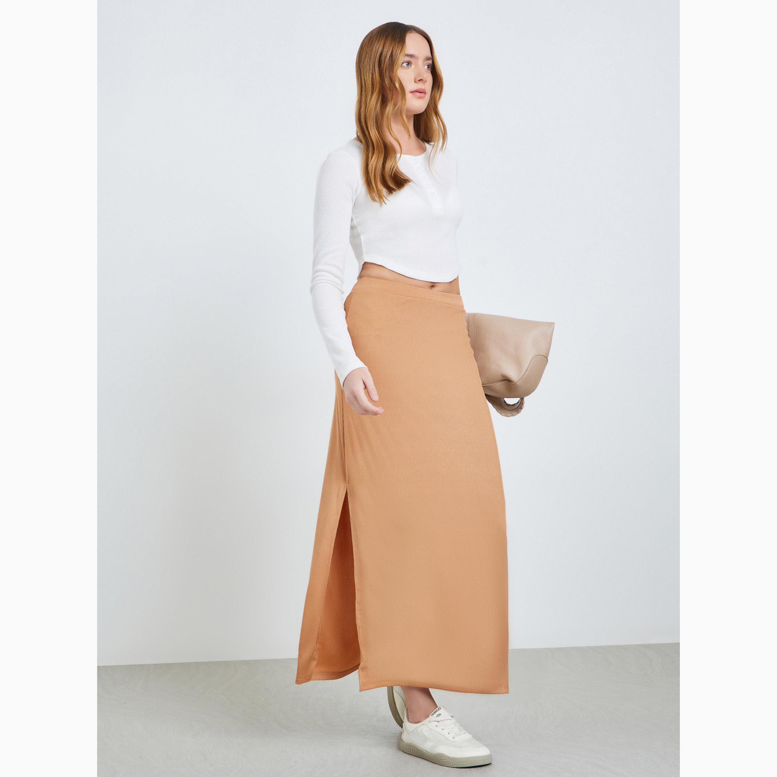 Take Two Brown Bodycon Maxi Skirt with Slit-women-clothing-bottoms-skirts-image-2