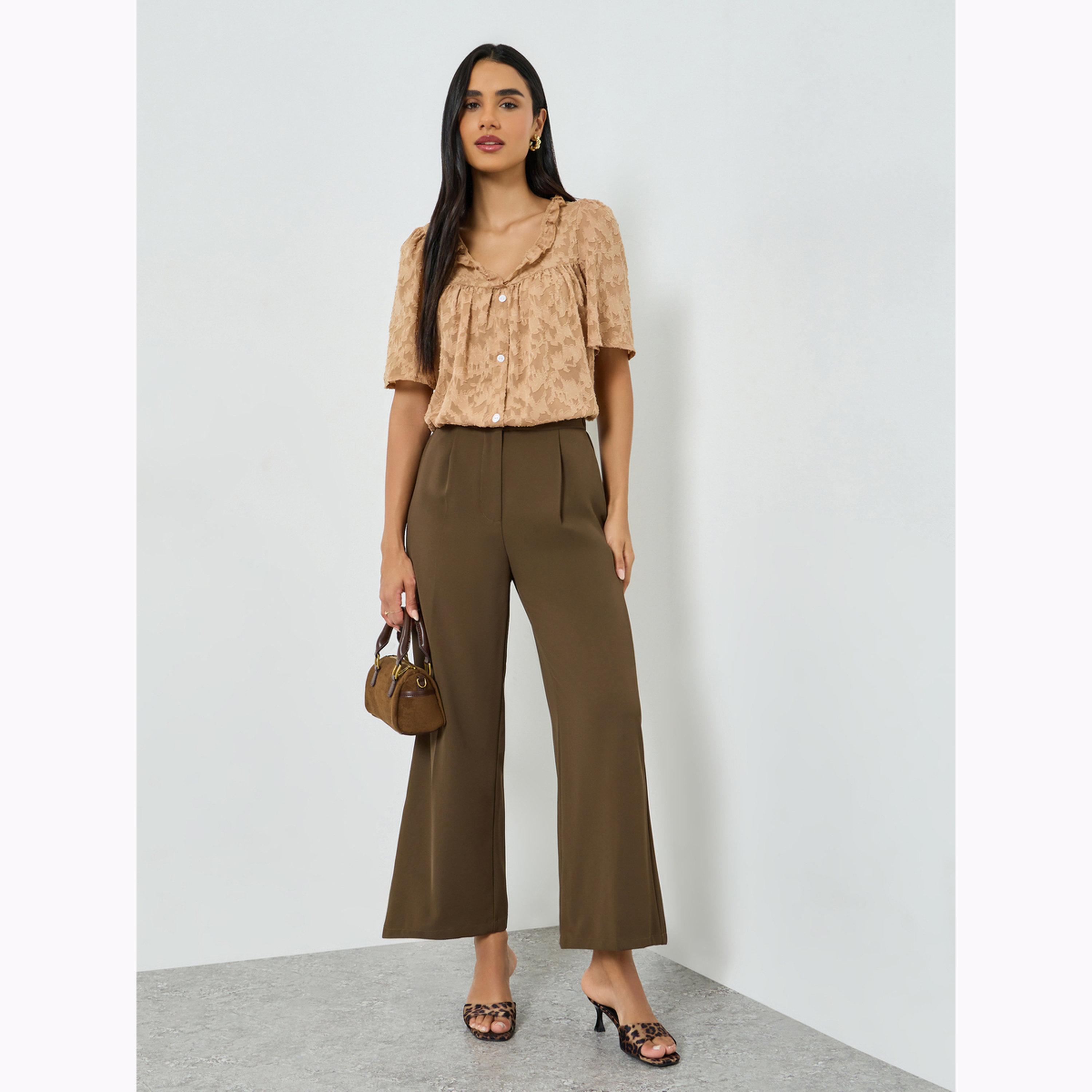 Take Two Brown Textured Ruffle Trim Short Sleeve Top-women-clothing-shirtsandblouses-blouses-image-2
