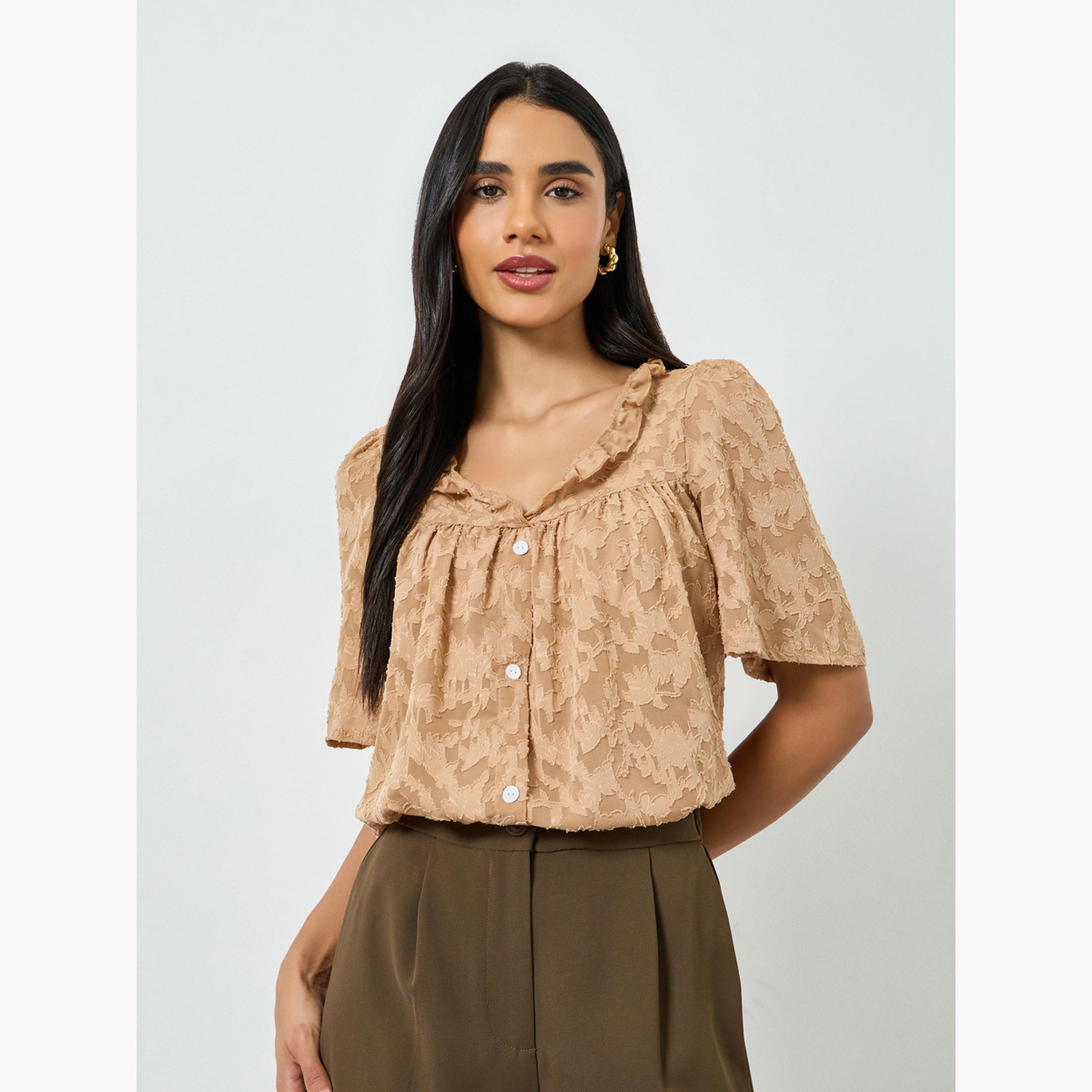 Take Two Brown Textured Ruffle Trim Short Sleeve Top-women-clothing-shirtsandblouses-blouses-image-3