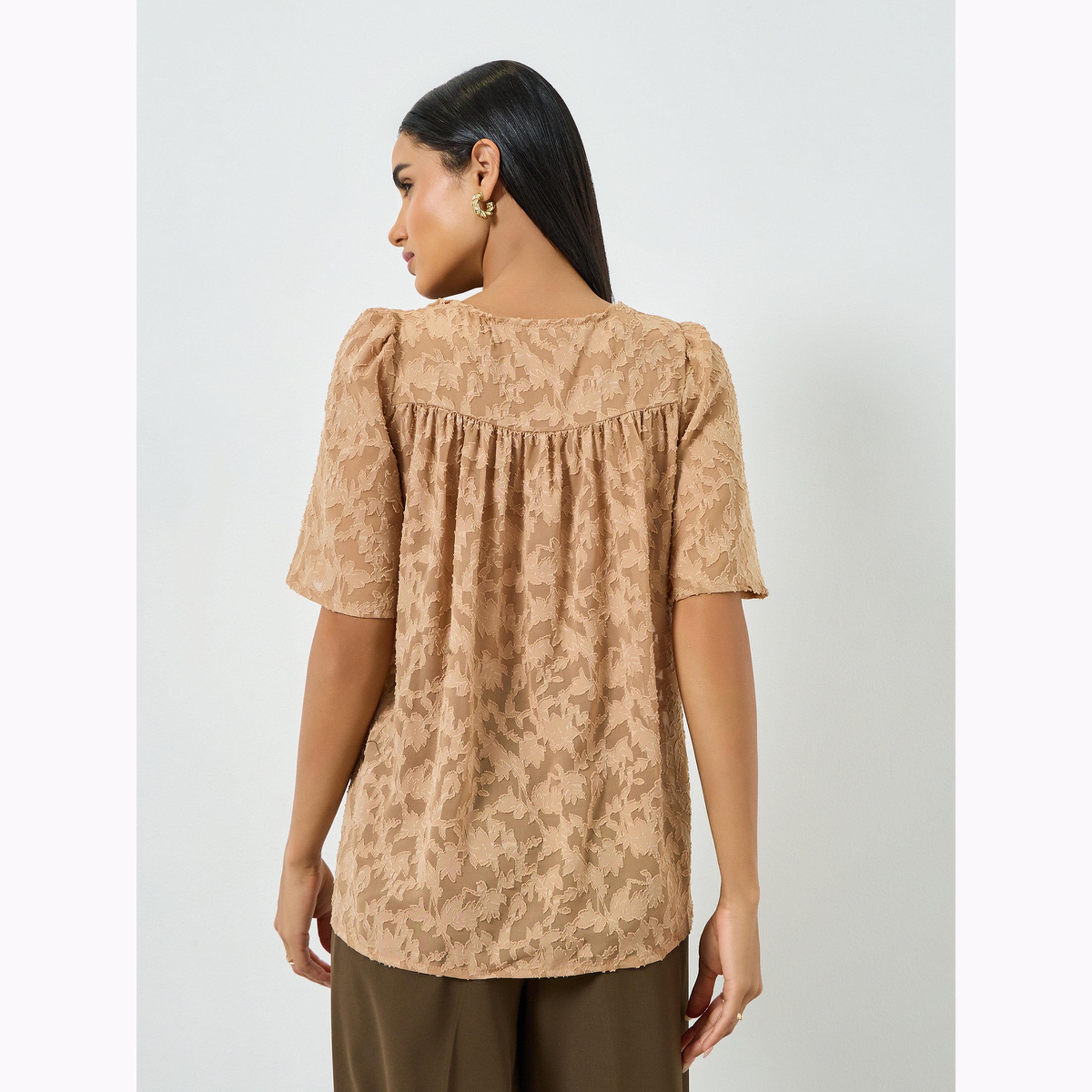 Take Two Brown Textured Ruffle Trim Short Sleeve Top-women-clothing-shirtsandblouses-blouses-image-4