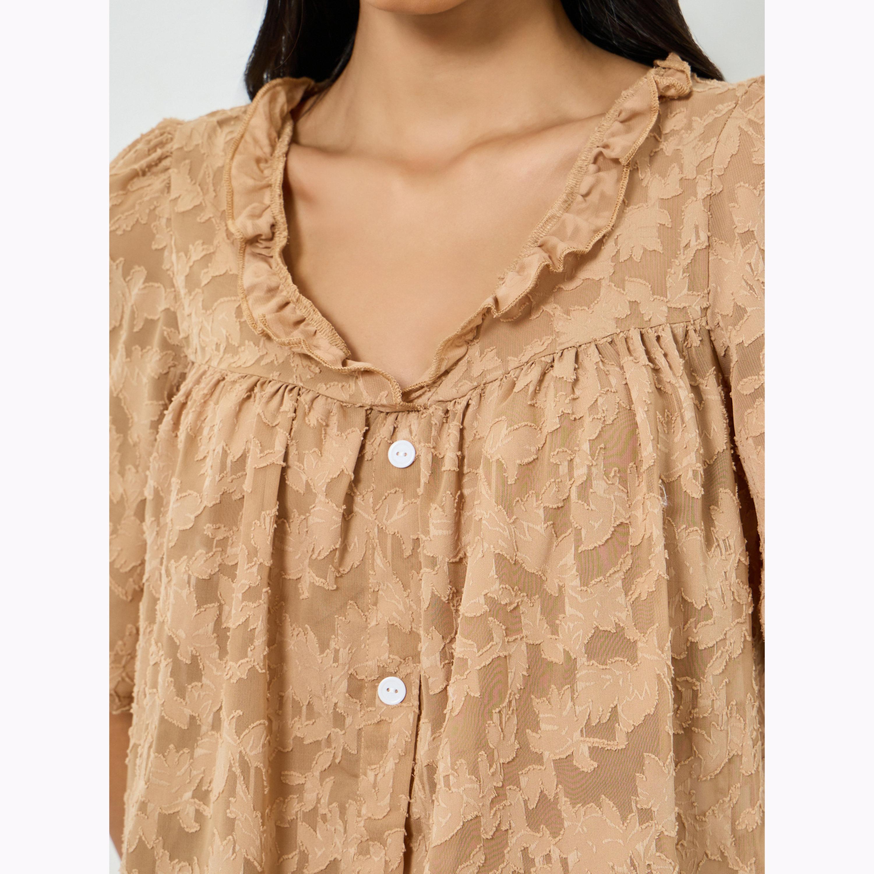 Take Two Brown Textured Ruffle Trim Short Sleeve Top-women-clothing-shirtsandblouses-blouses-image-5