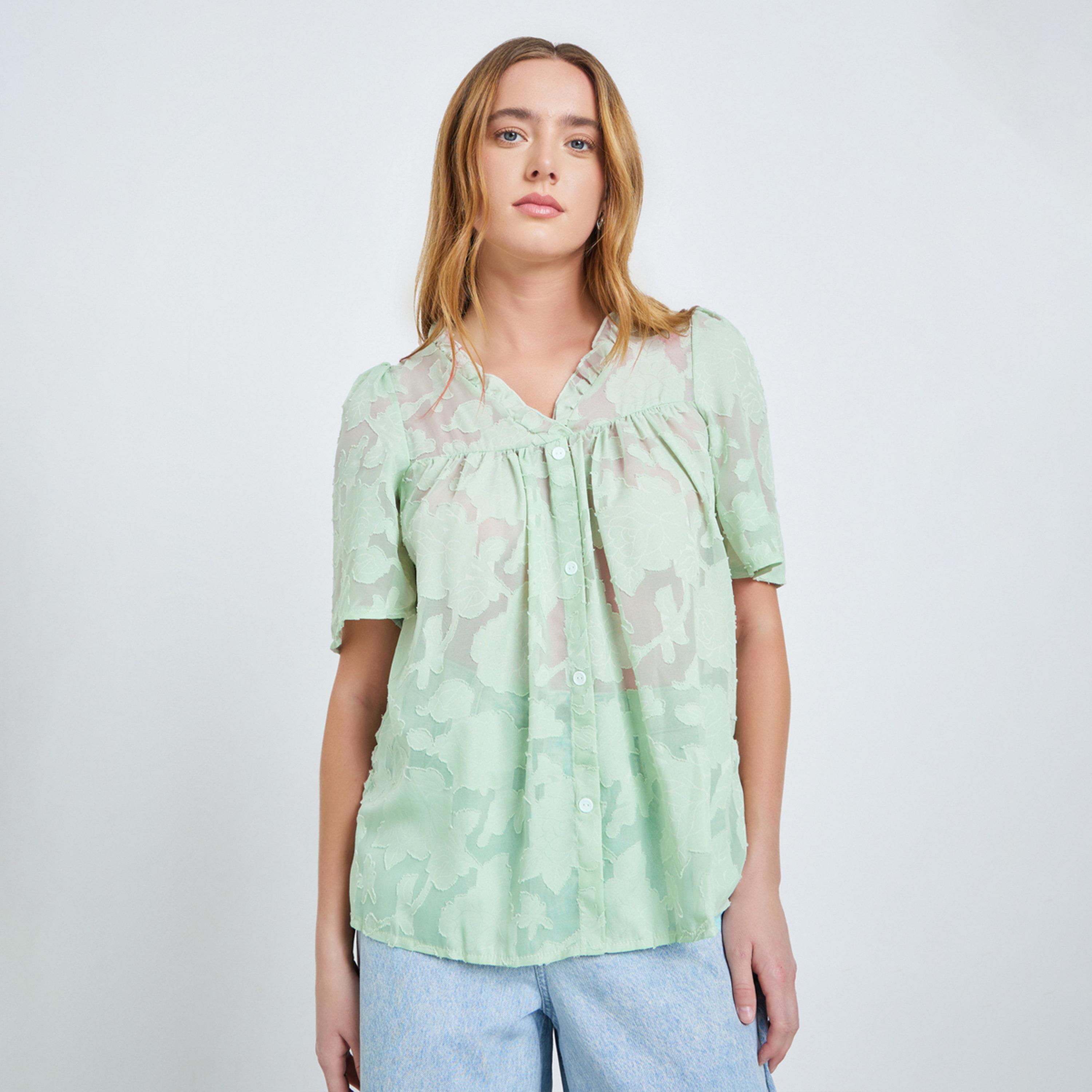 Take Two Green Burnout V Neck Button Front Top-women-clothing-shirtsandblouses-blouses-image-1