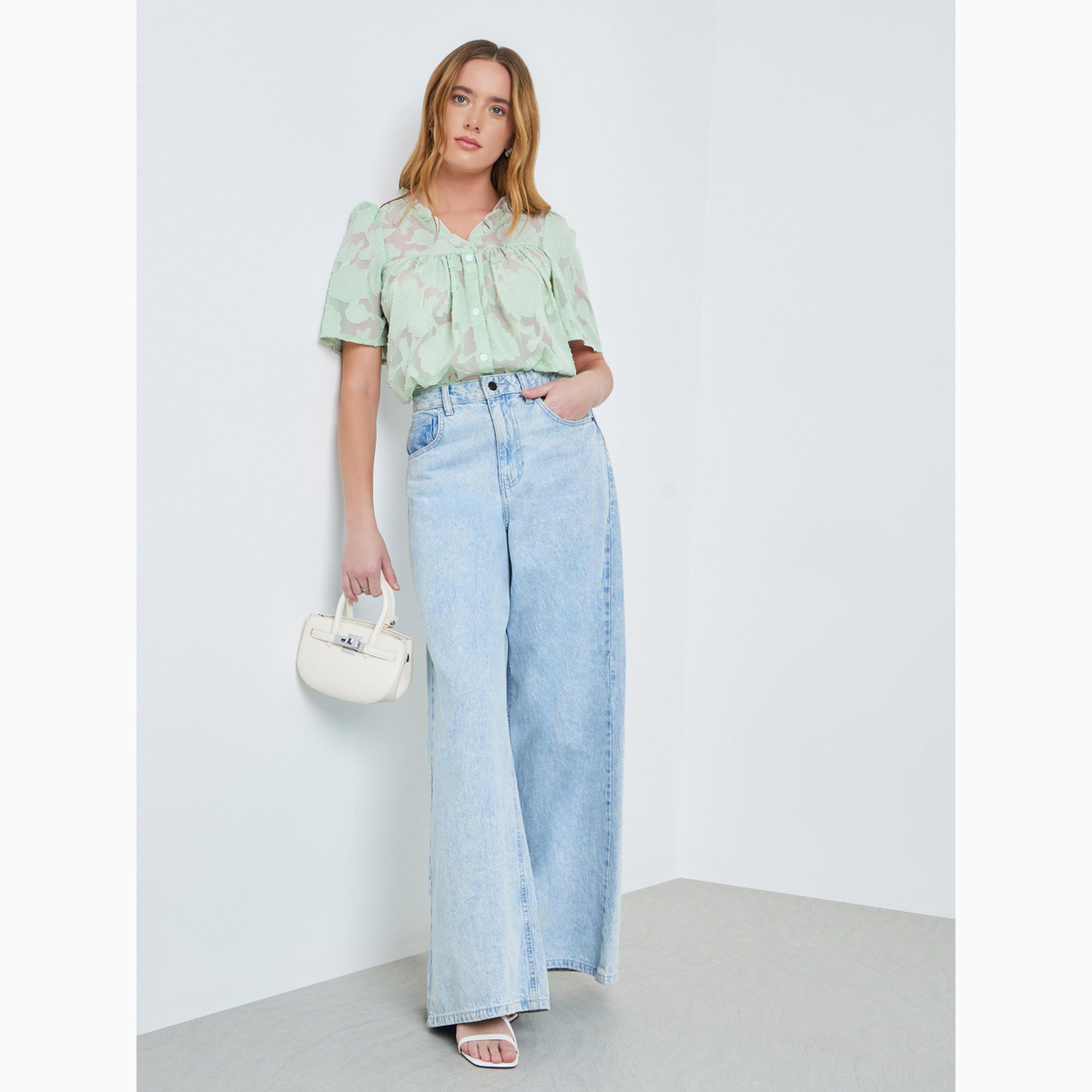 Take Two Green Burnout V Neck Button Front Top-women-clothing-shirtsandblouses-blouses-image-2