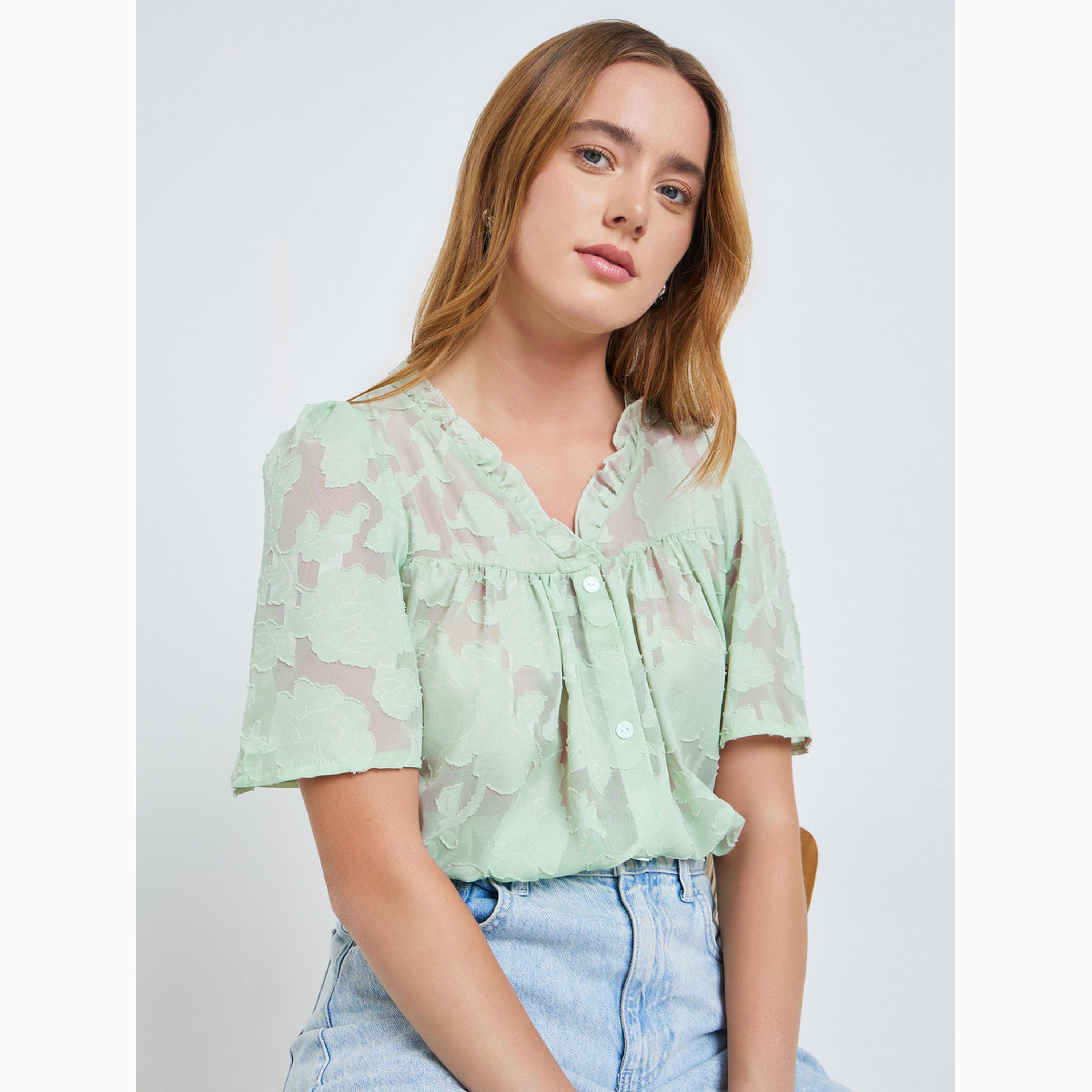 Take Two Green Burnout V Neck Button Front Top-women-clothing-shirtsandblouses-blouses-image-3