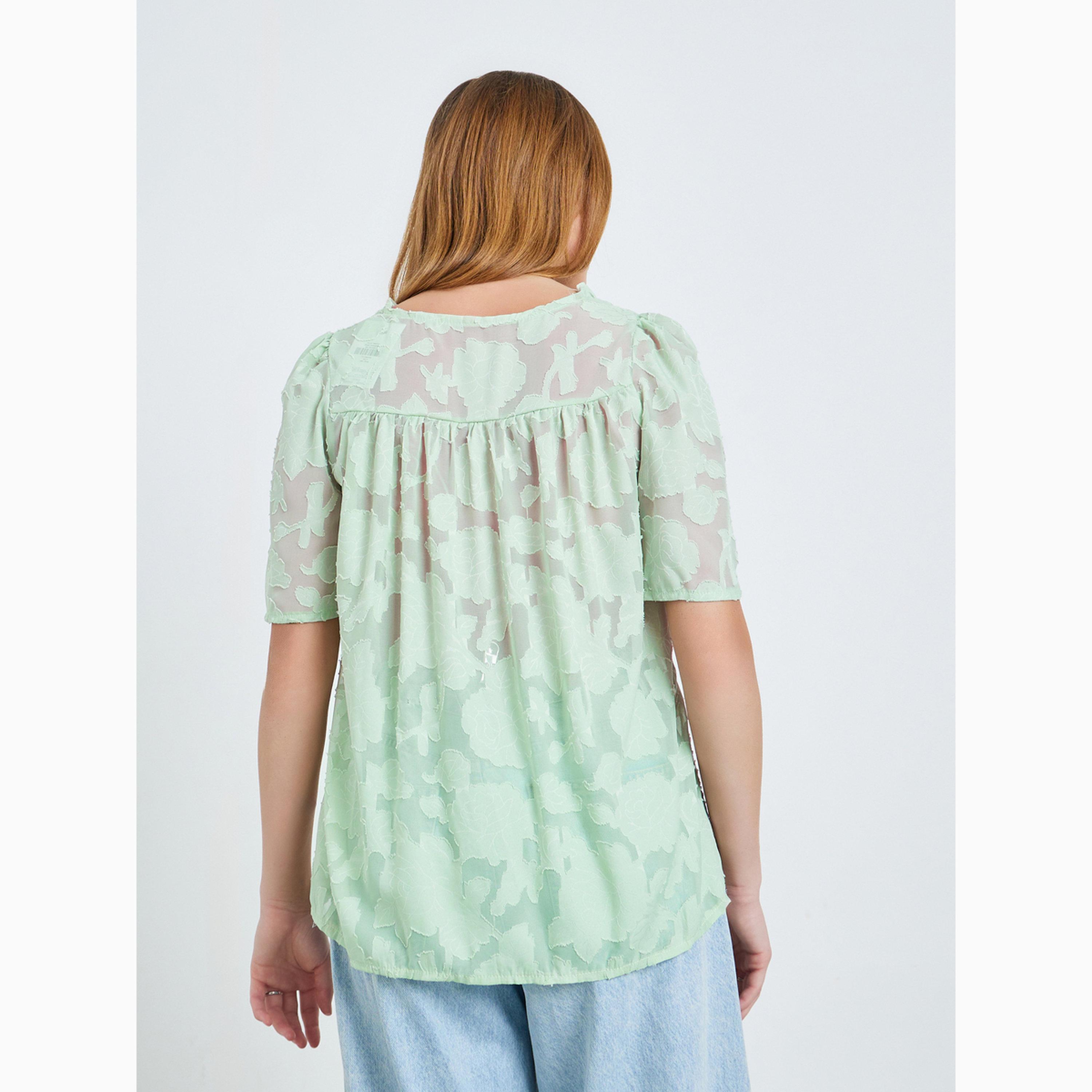 Take Two Green Burnout V Neck Button Front Top-women-clothing-shirtsandblouses-blouses-image-5