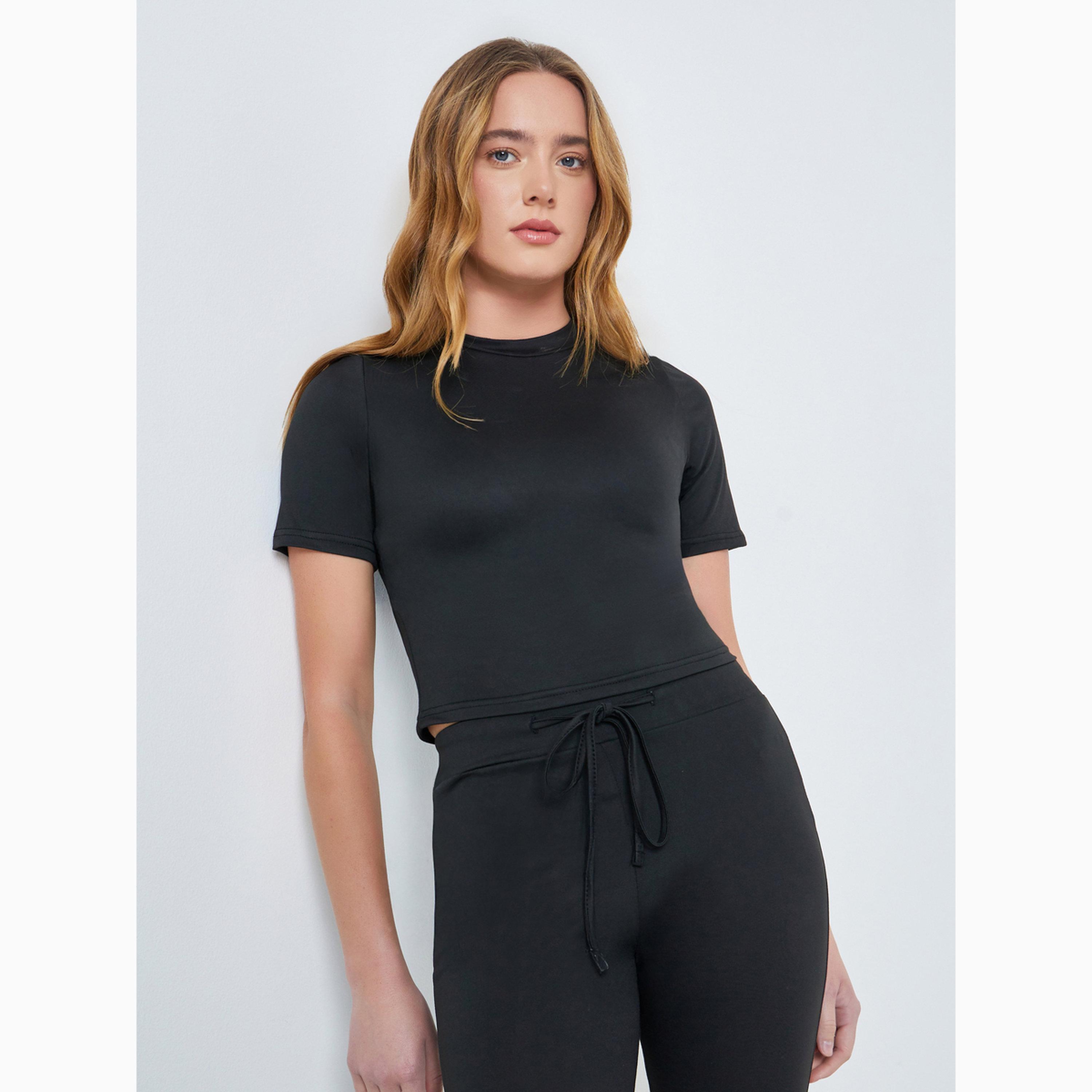 Take Two Black Solid Short Sleeve T-Shirt and Pants Co-Ords-women-clothing-coordsets-image-2