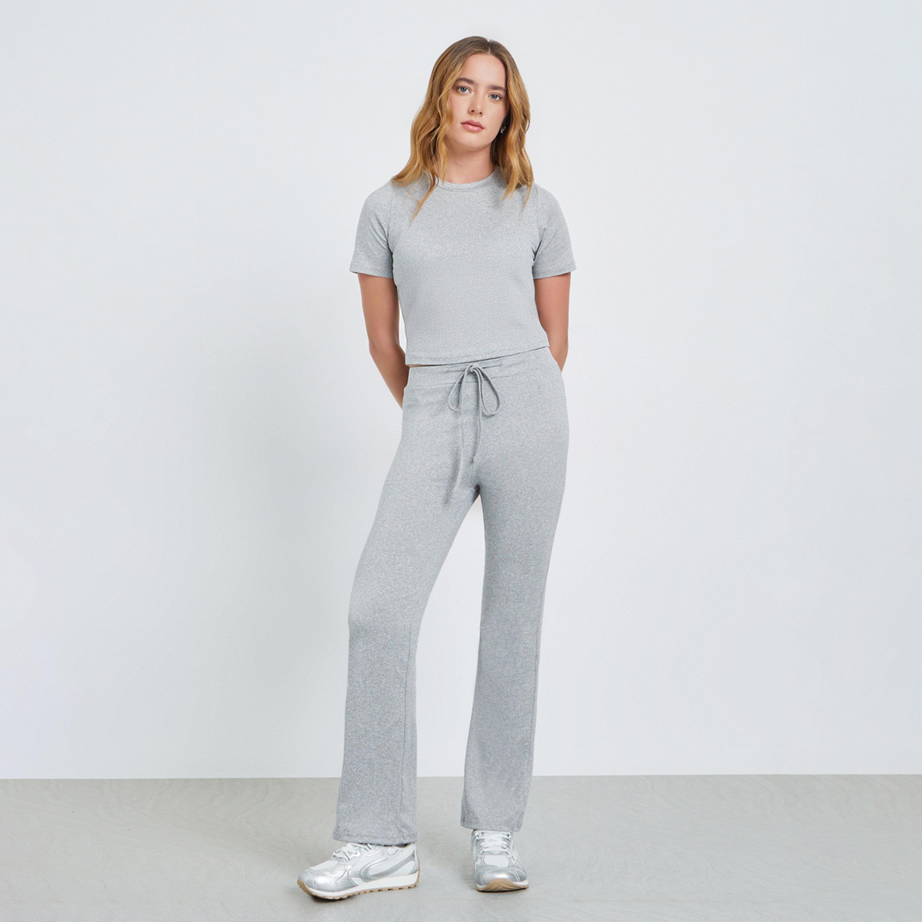 Take Two Grey Solid Short Sleeve T-Shirt and Pants Co-Ords-women-clothing-coordsets-image-1