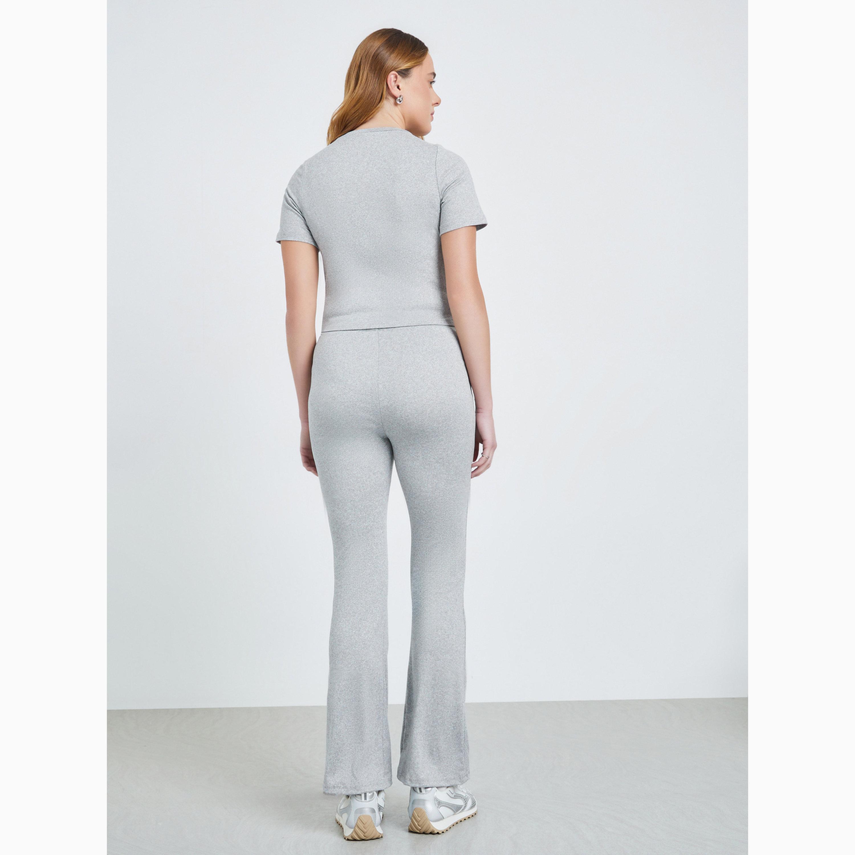 طقم منسق من بنطال وتيشيرت سادة بأكمام قصيرة لون رمادي-women-clothing-coordsets-image-5