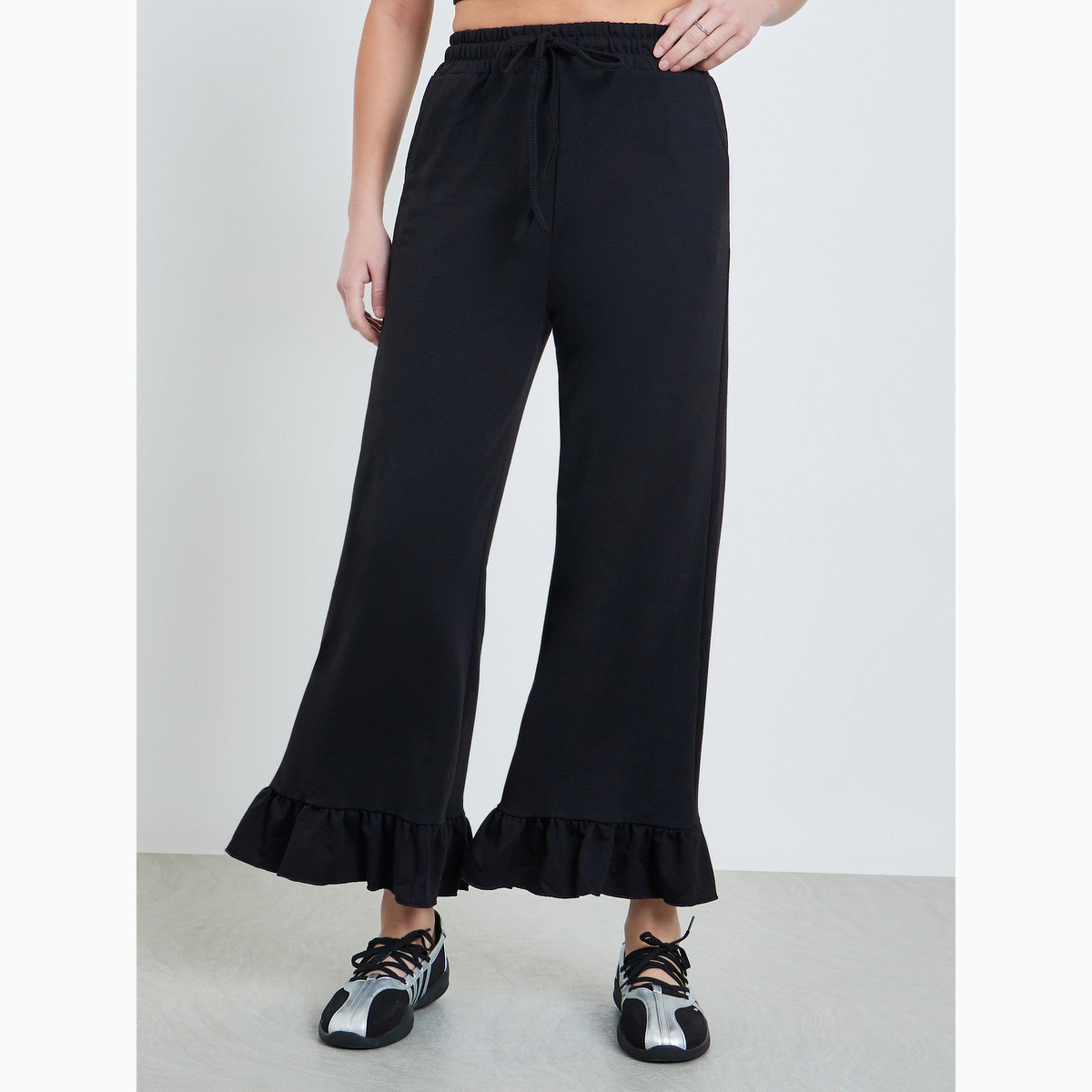 Take Two Black Ruffle Hem Wide Leg Trousers-women-clothing-bottoms-joggers-image-1