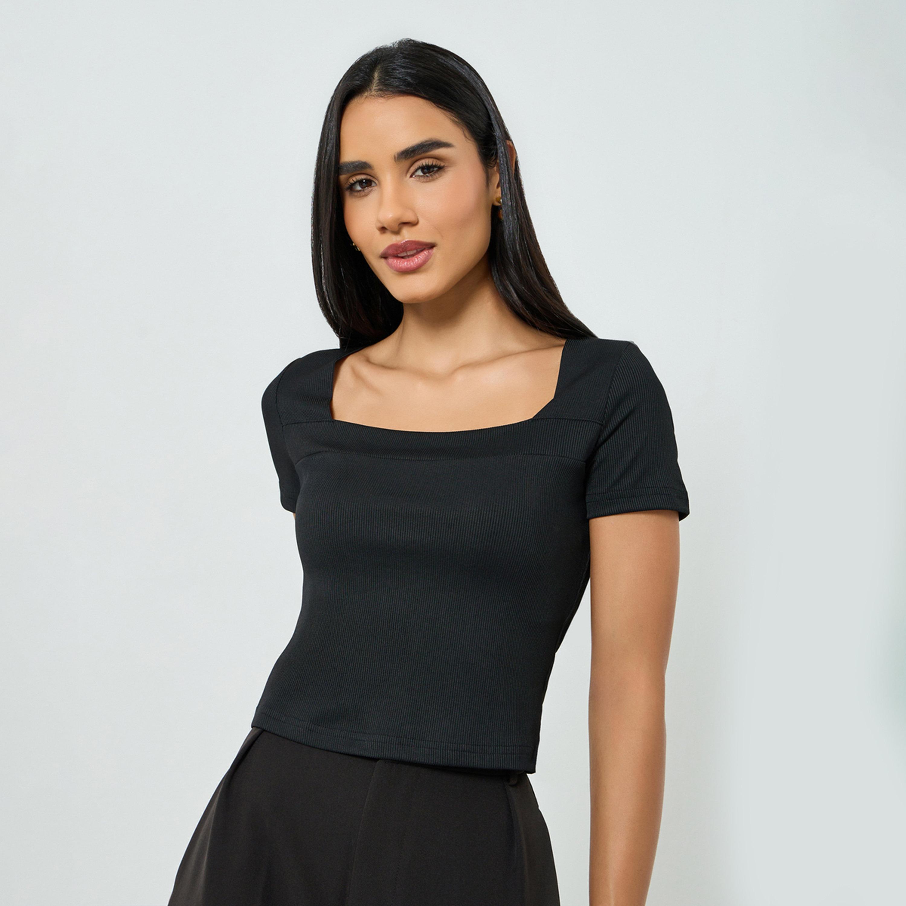 Take Two Black Solid Square Neck Knit T-Shirt-women-clothing-tshirts-image-1