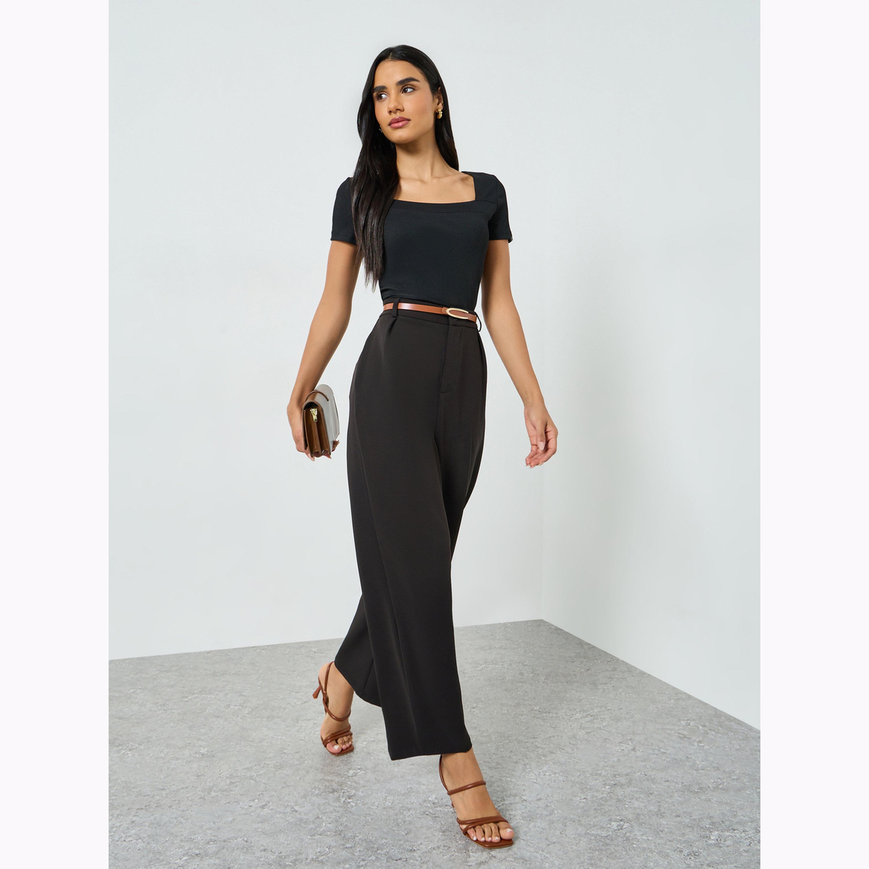 Take Two Black Solid Square Neck Knit T-Shirt-women-clothing-tshirts-image-2