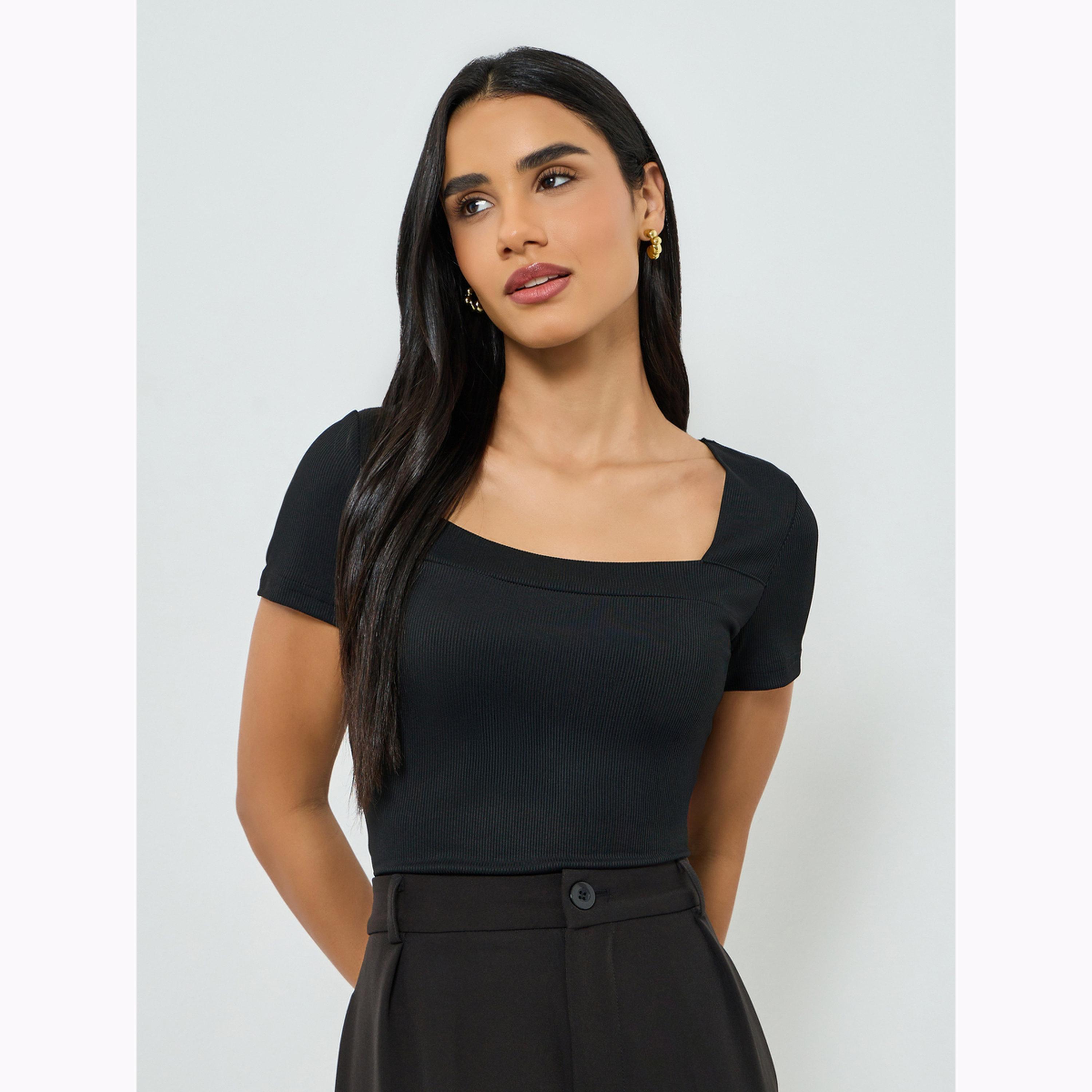 Take Two Black Solid Square Neck Knit T-Shirt-women-clothing-tshirts-image-3
