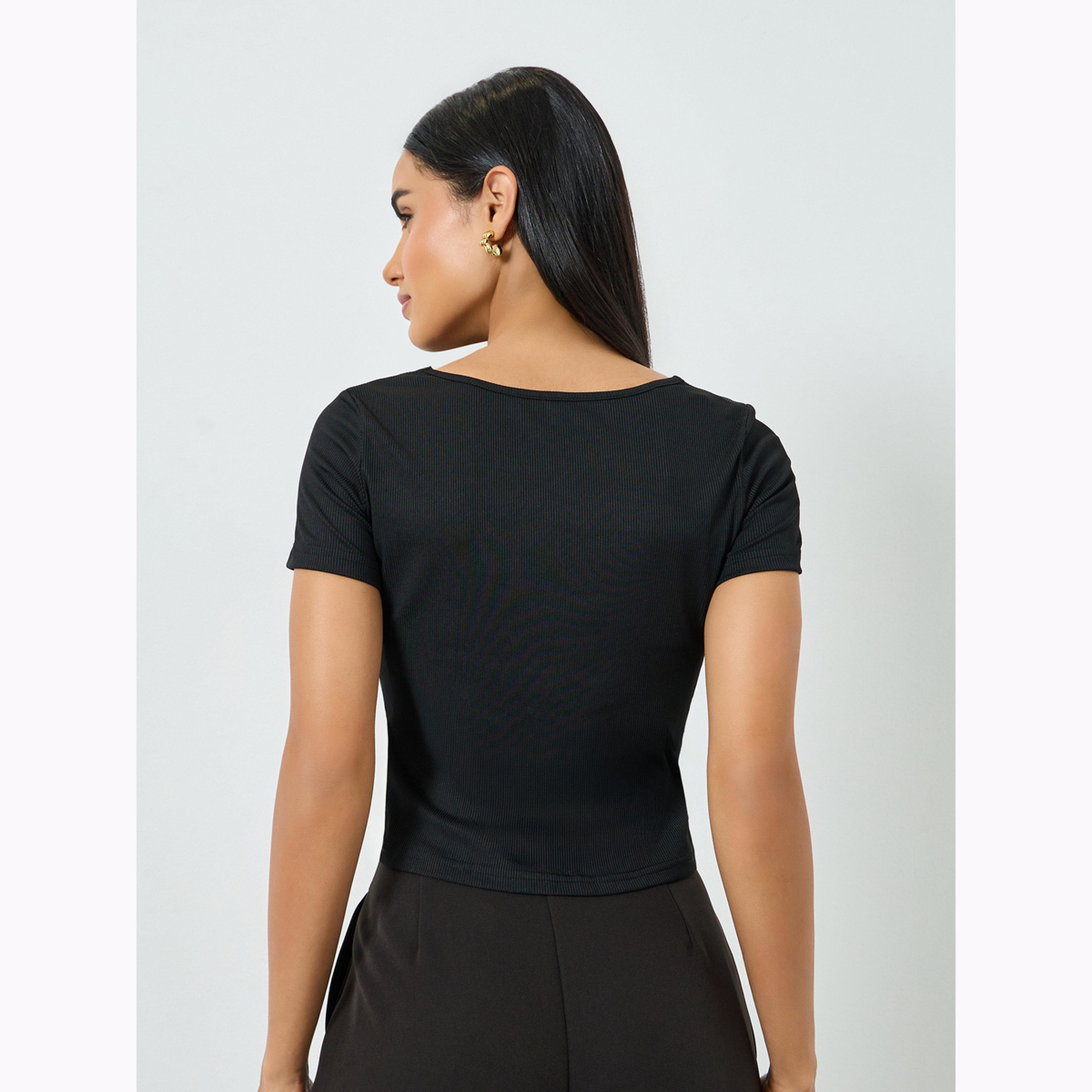 Take Two Black Solid Square Neck Knit T-Shirt-women-clothing-tshirts-image-4