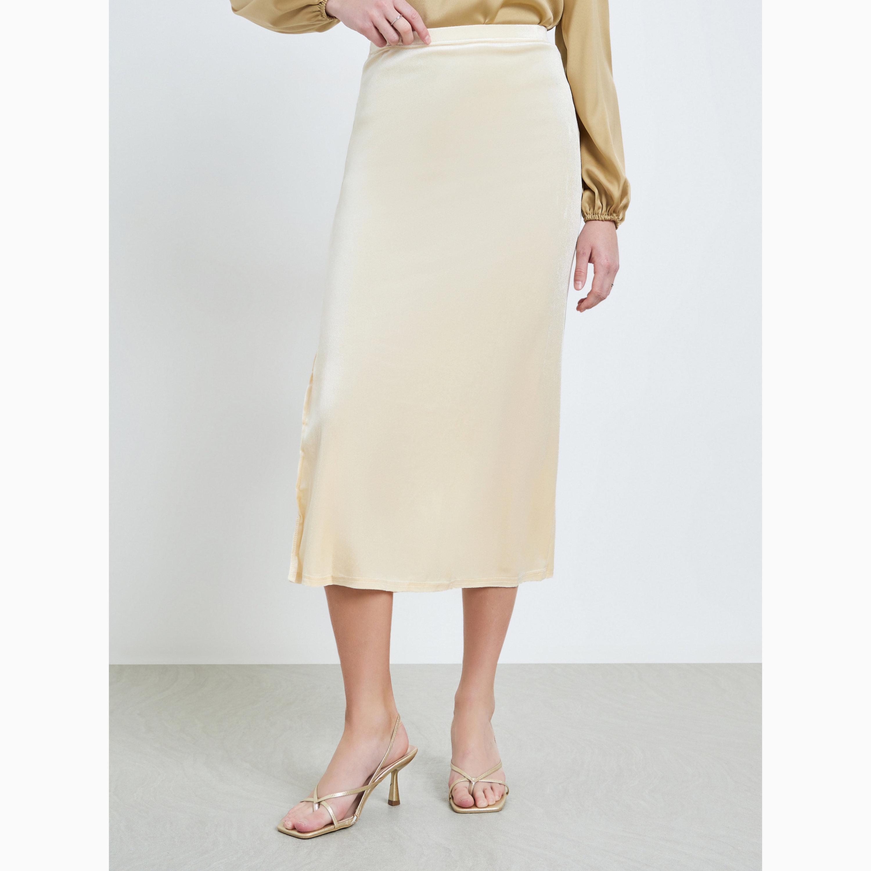 Take Two Beige Velvet Bodycon Midi Skirt-women-clothing-bottoms-skirts-image-1