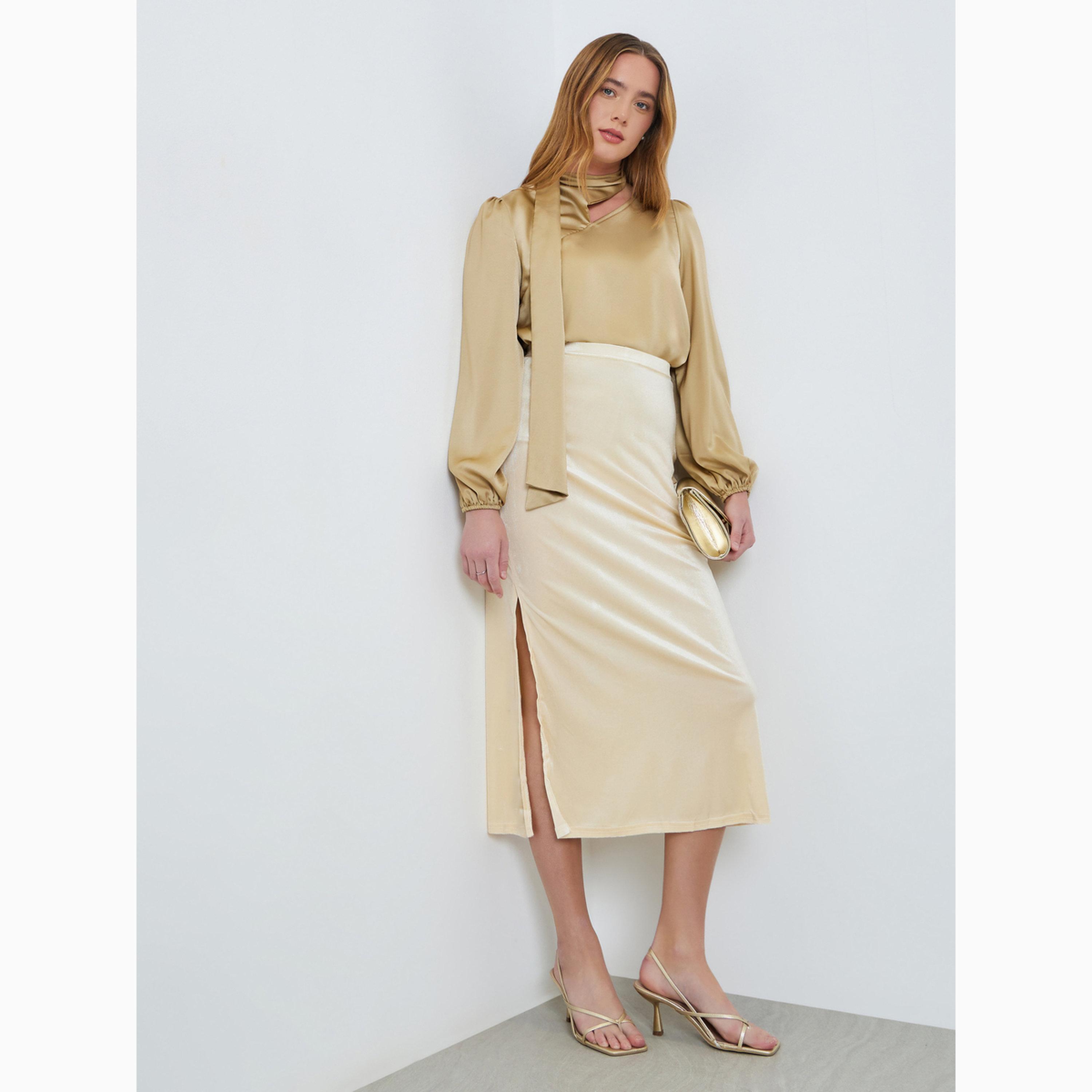 تنورة ميدي ضيقة بمظهر مخملي-women-clothing-bottoms-skirts-image-2