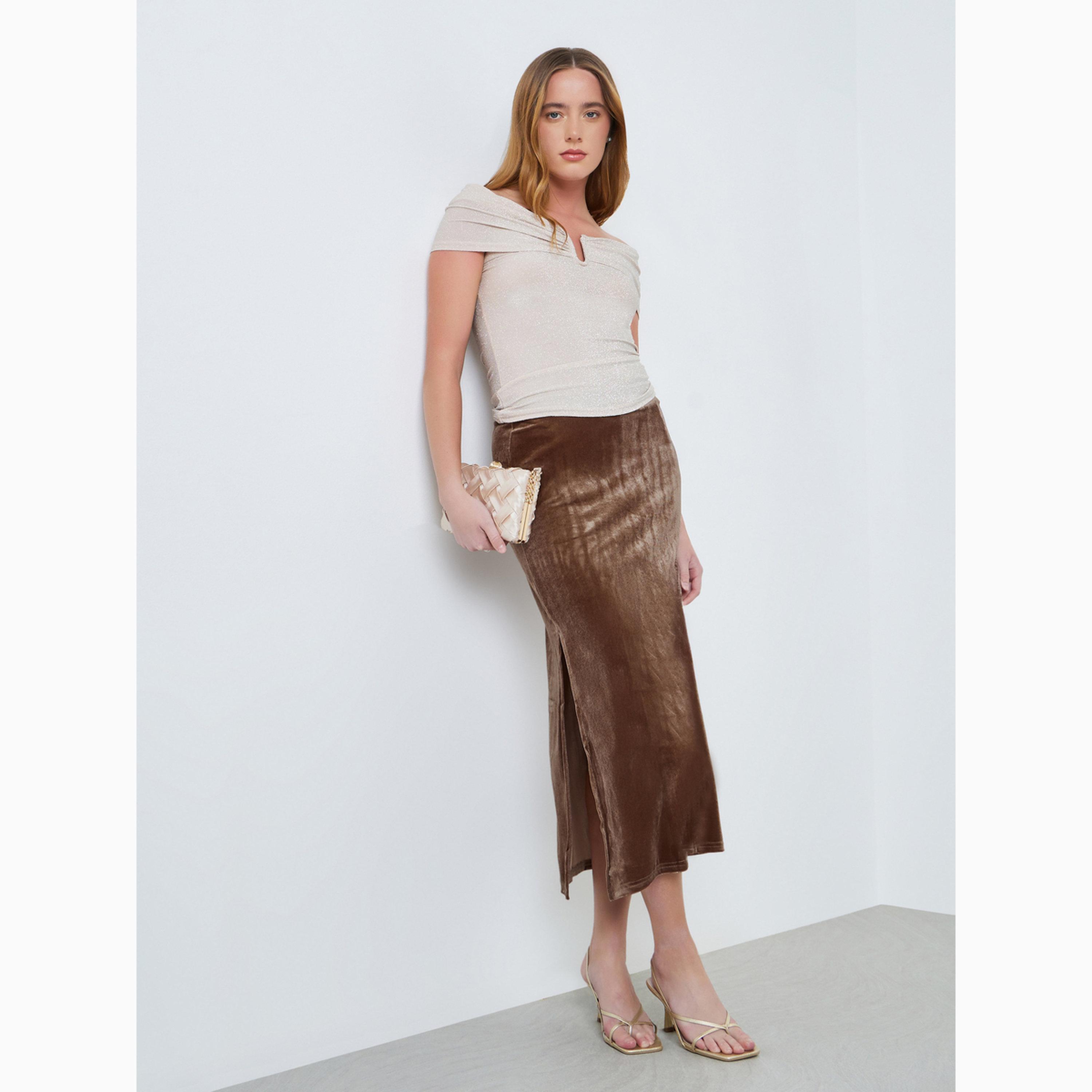 Take Two Brown Velvet Bodycon Midi Skirt-women-clothing-bottoms-skirts-image-2