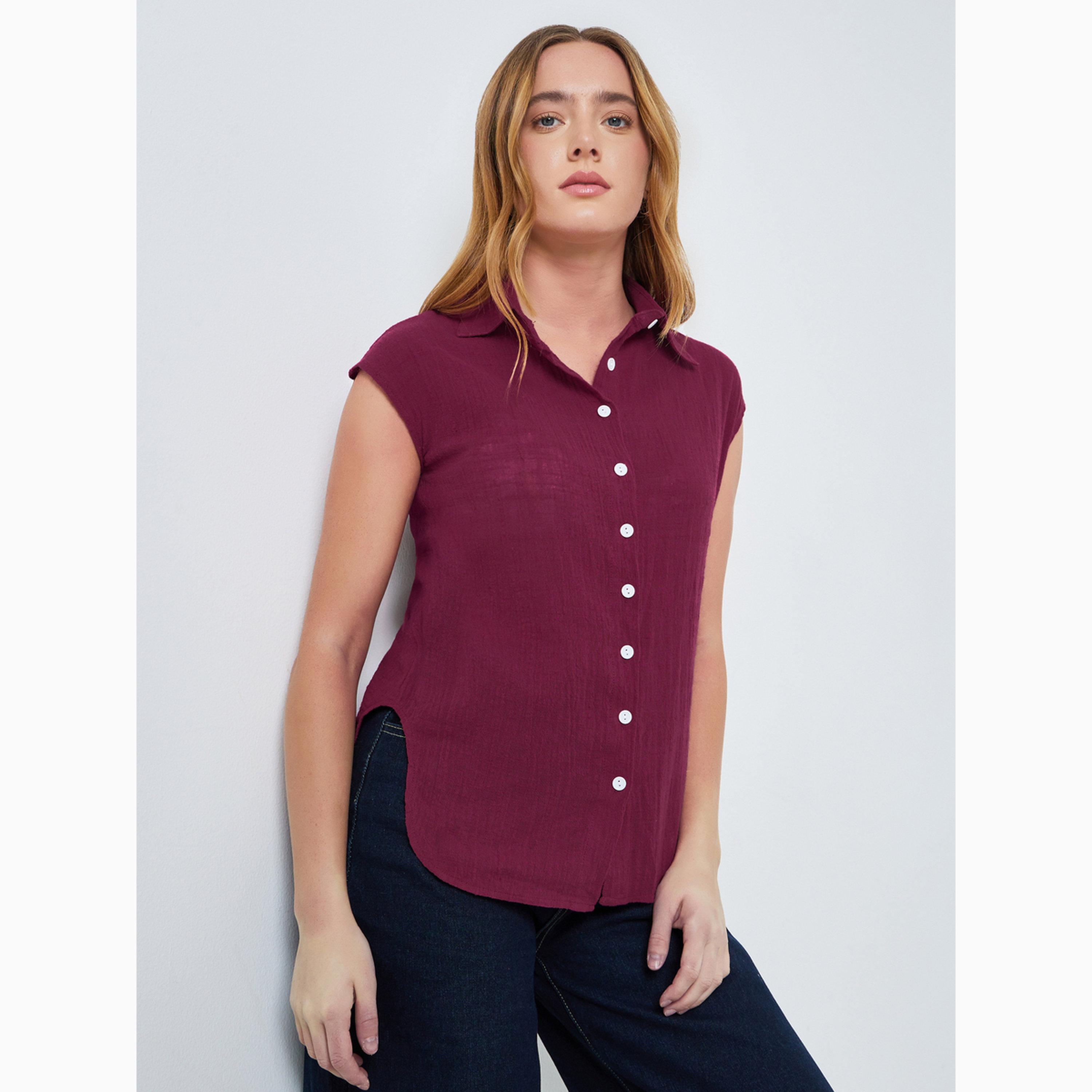 بلوزة قطن مجعدة بأكمام كاب-women-clothing-shirtsandblouses-shirts-image-1