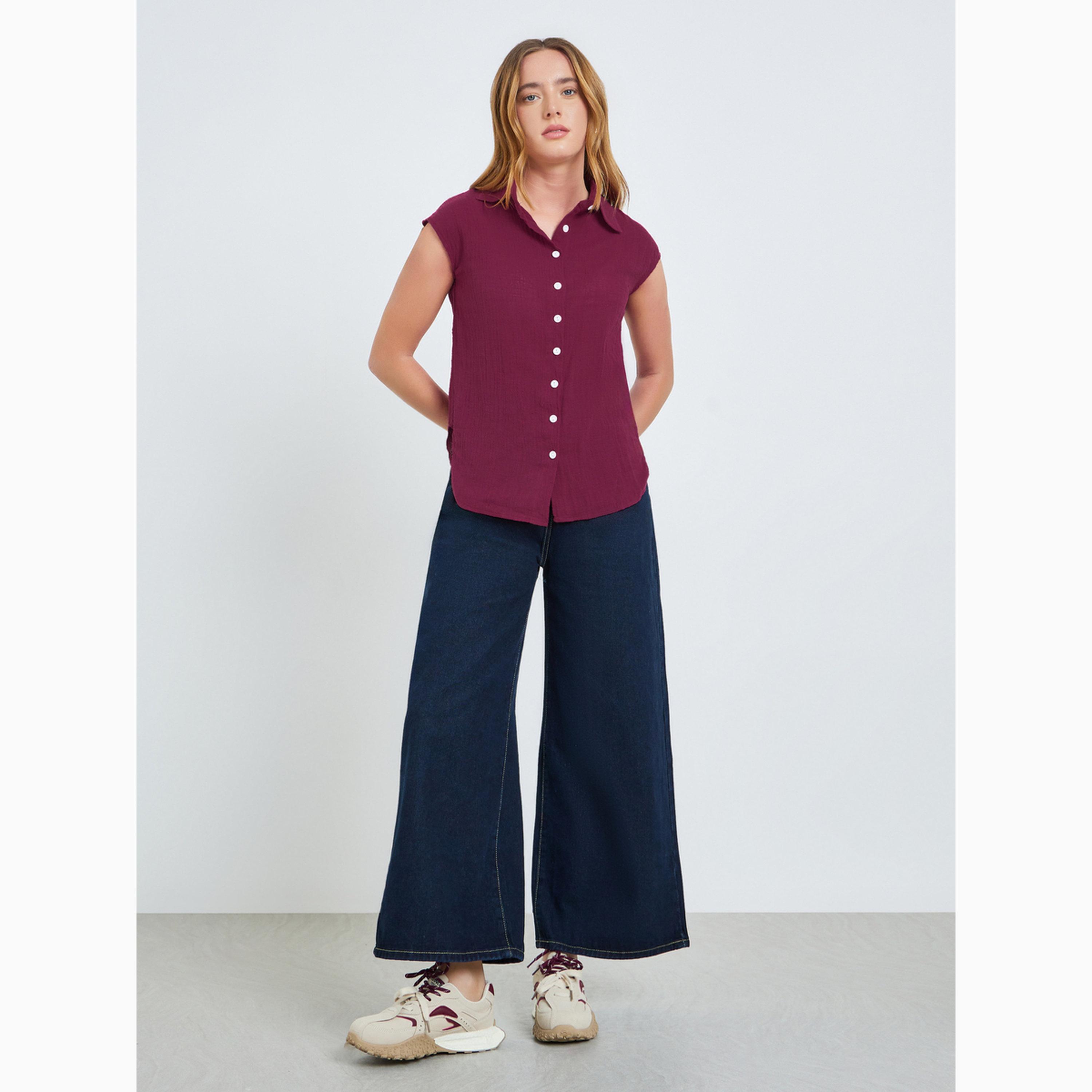 بلوزة قطن مجعدة بأكمام كاب-women-clothing-shirtsandblouses-shirts-image-2
