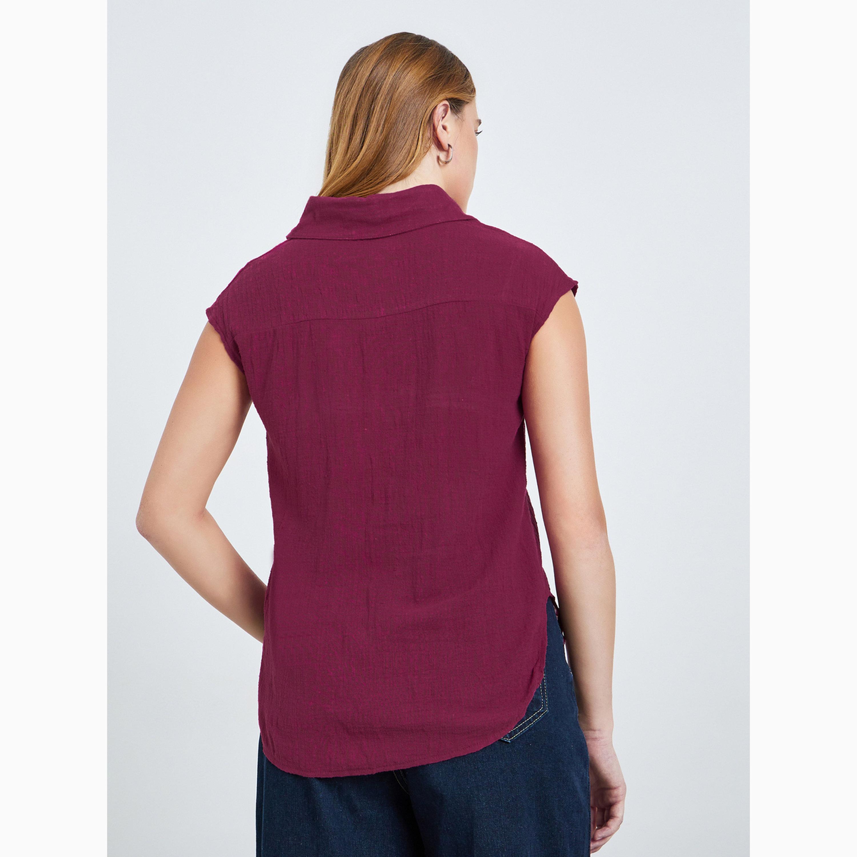 بلوزة قطن مجعدة بأكمام كاب-women-clothing-shirtsandblouses-shirts-image-4