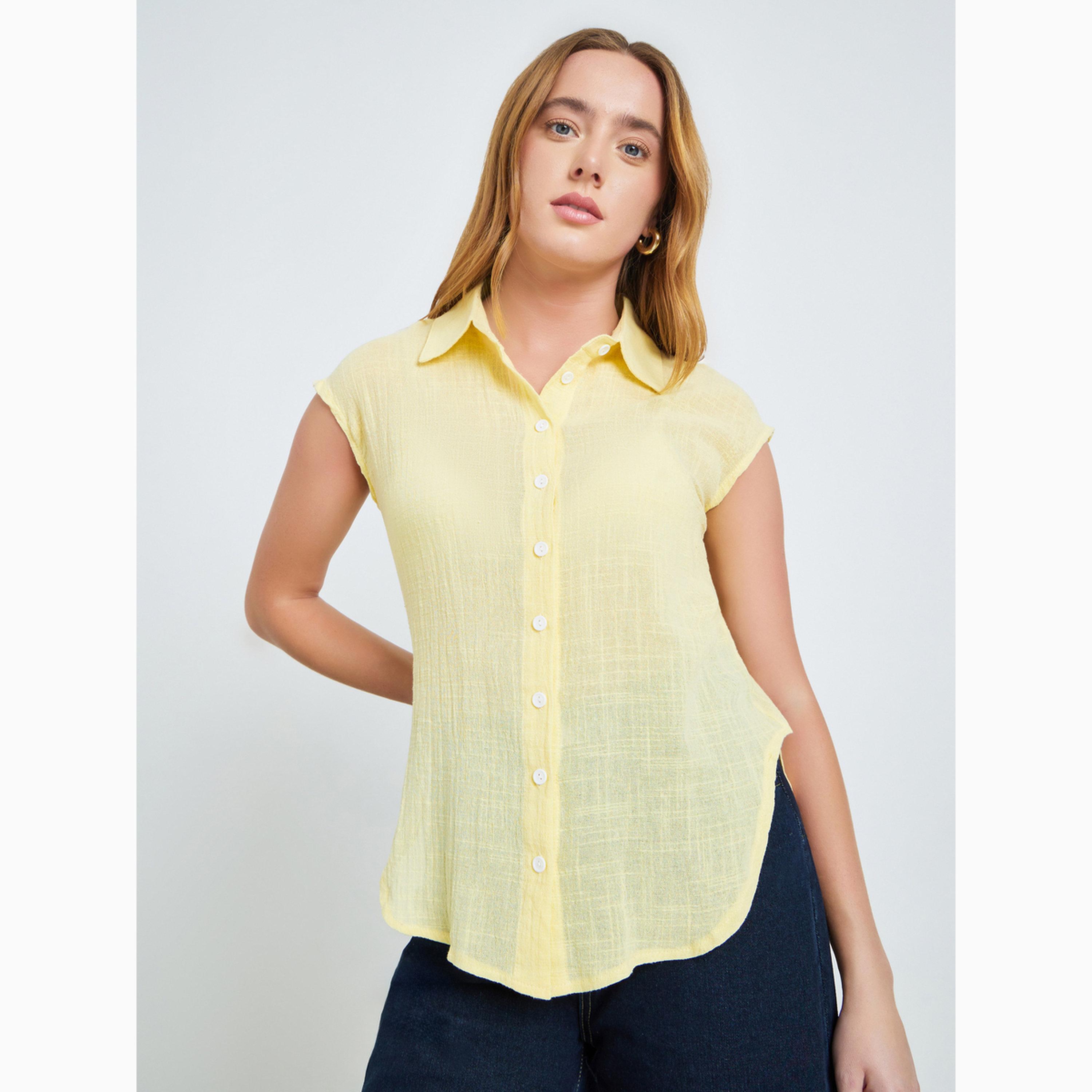 Take Two Yellow Crinkled Cap Sleeves Cotton Shirt-women-clothing-shirtsandblouses-shirts-image-1