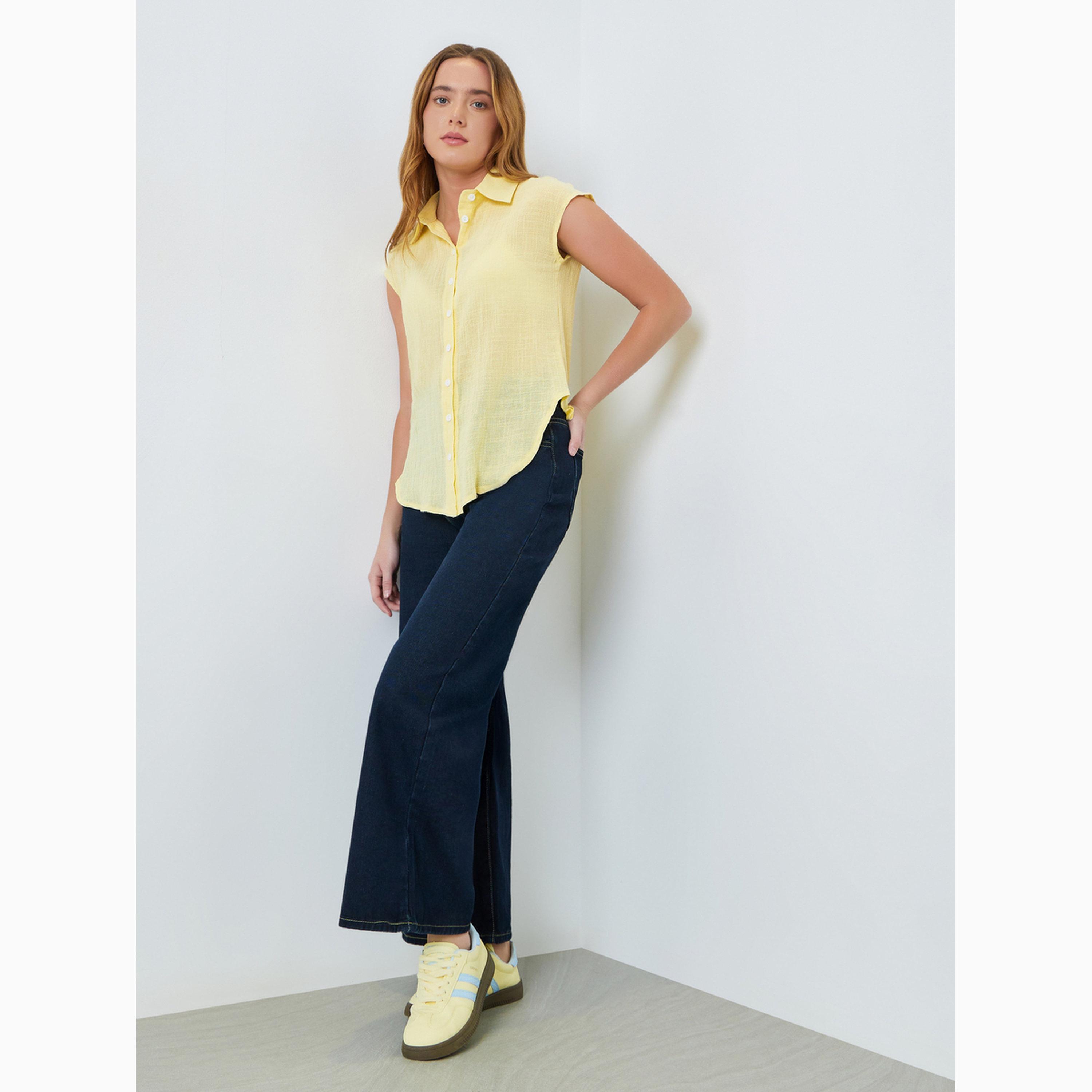 بلوزة قطن مجعدة بأكمام كاب-women-clothing-shirtsandblouses-shirts-image-2