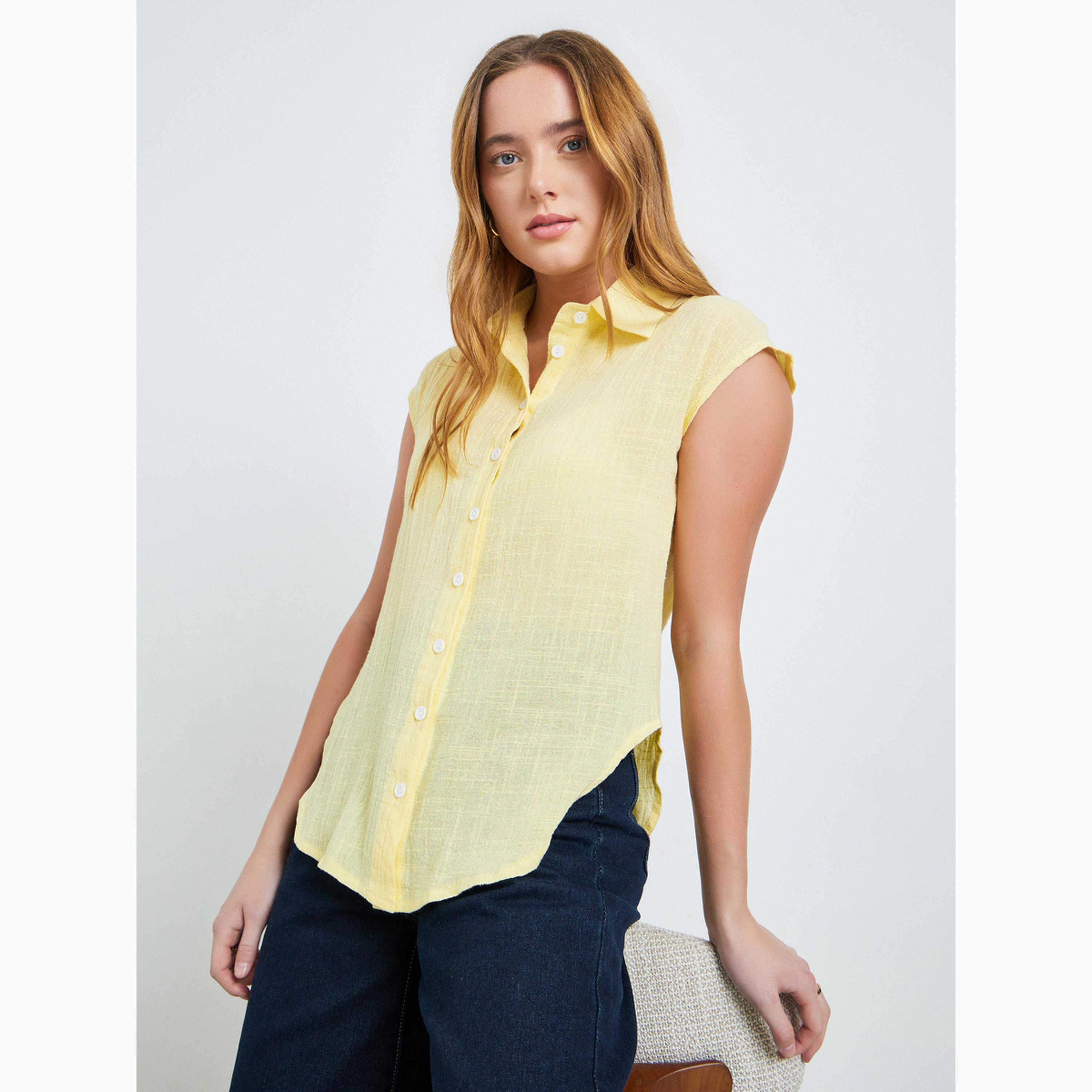 Take Two Yellow Crinkled Cap Sleeves Cotton Shirt-women-clothing-shirtsandblouses-shirts-image-3