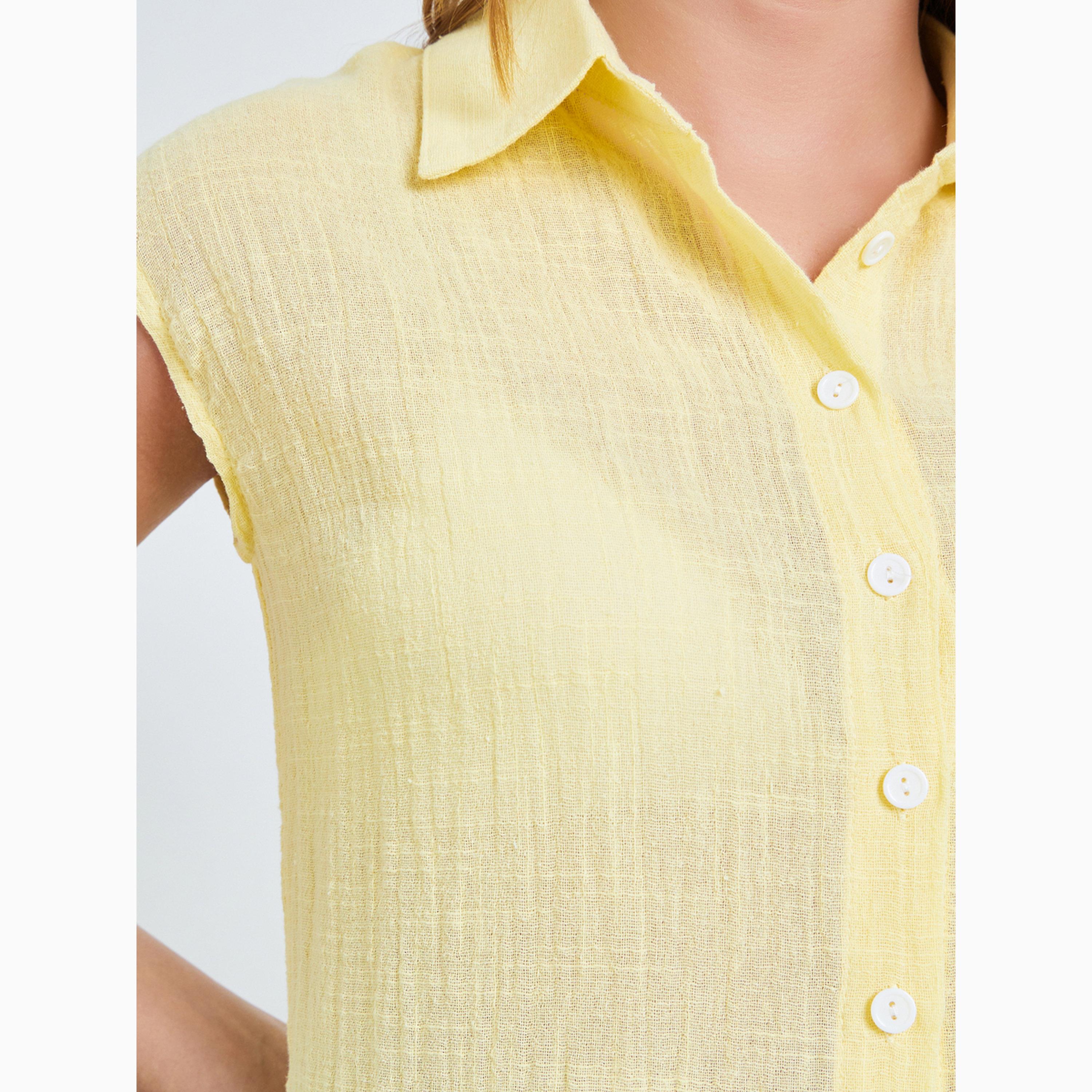 Take Two Yellow Crinkled Cap Sleeves Cotton Shirt-women-clothing-shirtsandblouses-shirts-image-4