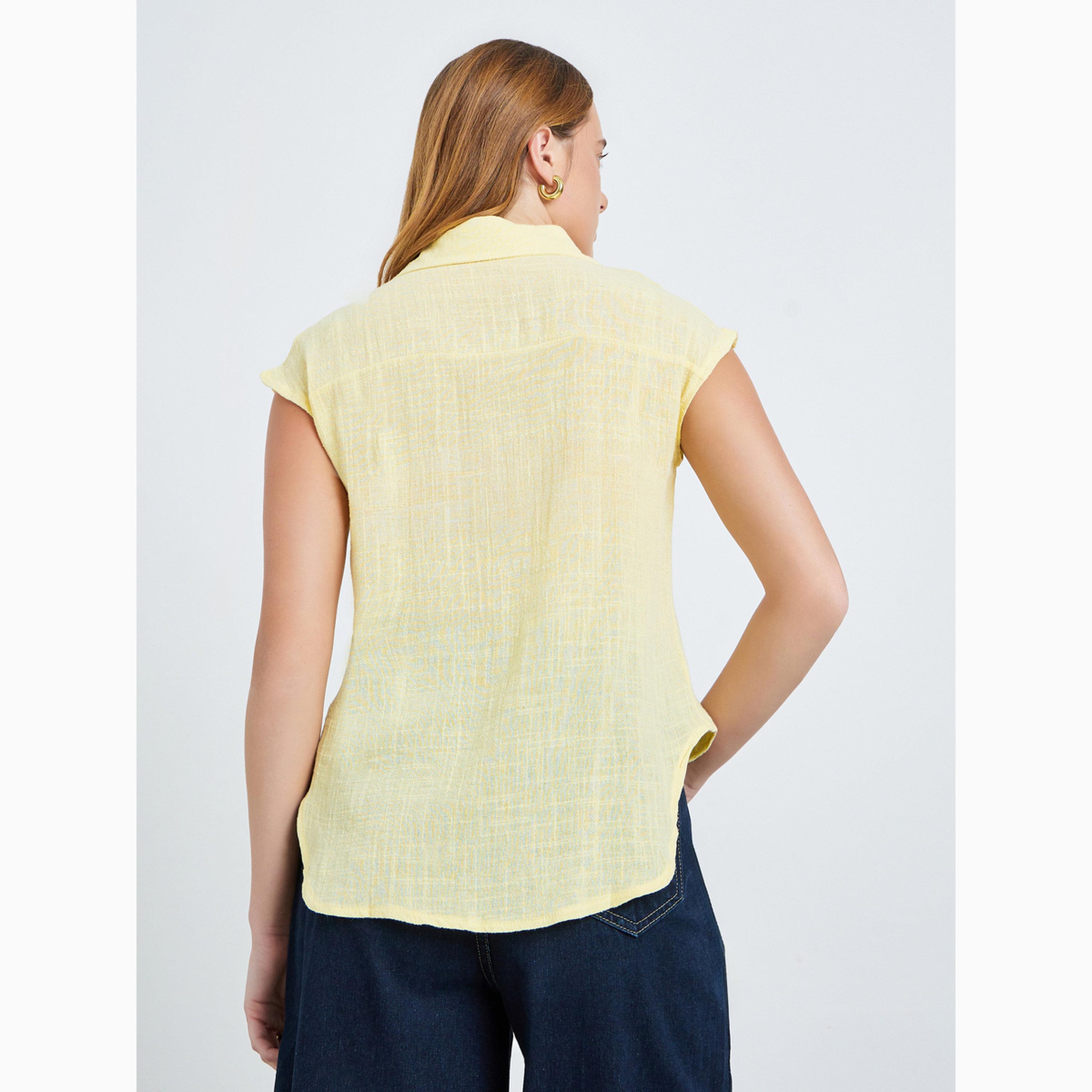 بلوزة قطن مجعدة بأكمام كاب-women-clothing-shirtsandblouses-shirts-image-6