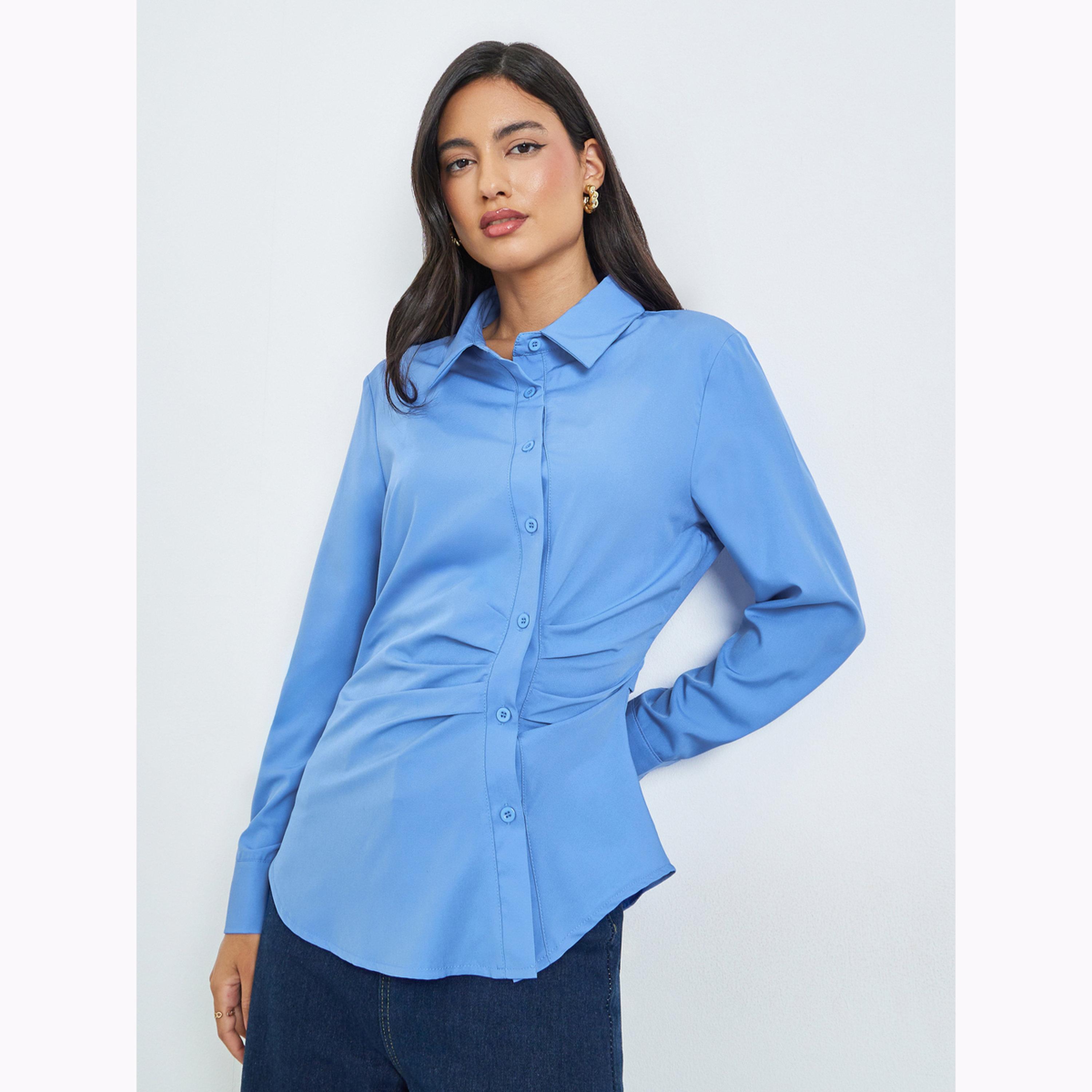 Styli Blue Solid Irregular Placket Gathered Waist Shirt-women-clothing-shirtsandblouses-shirts-image-1
